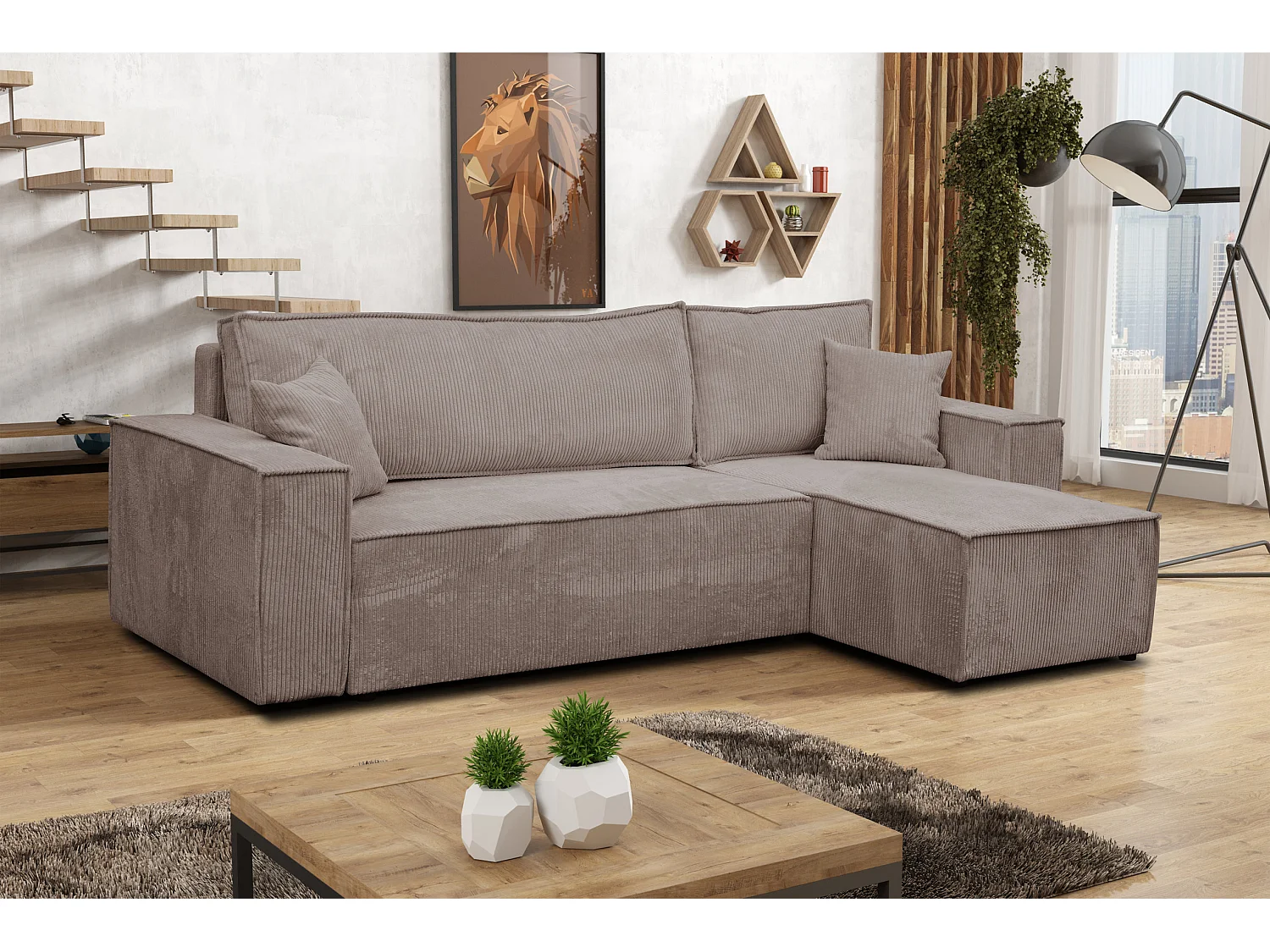 Canapé d'angle Hugo L avec fonction couchage et coffre de rangement, couleur : marron clair, tissu cordé, pouf universel