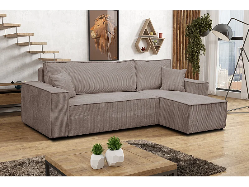 Canapé d'angle Hugo L avec fonction couchage et coffre de rangement, couleur : marron clair, tissu cordé, pouf universel