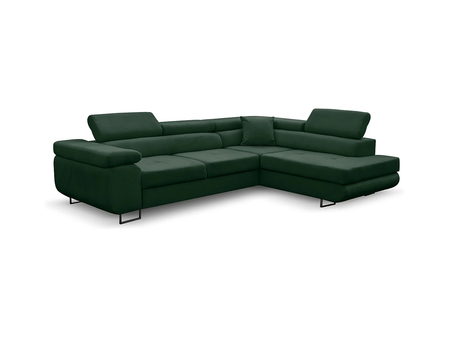 Canapé d'angle Jerry avec fonction couchage et coffre de rangement, couleur : vert, tissu velours, pouf à droite