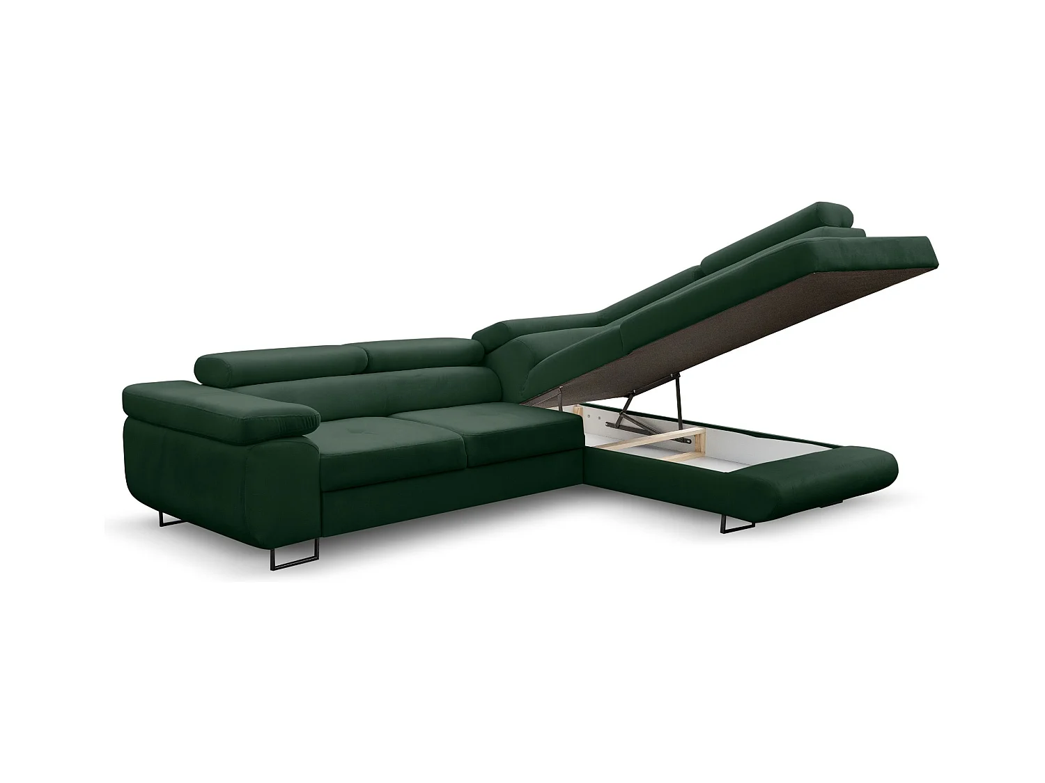 Canapé d'angle Jerry avec fonction couchage et coffre de rangement, couleur : vert, tissu velours, pouf à droite
