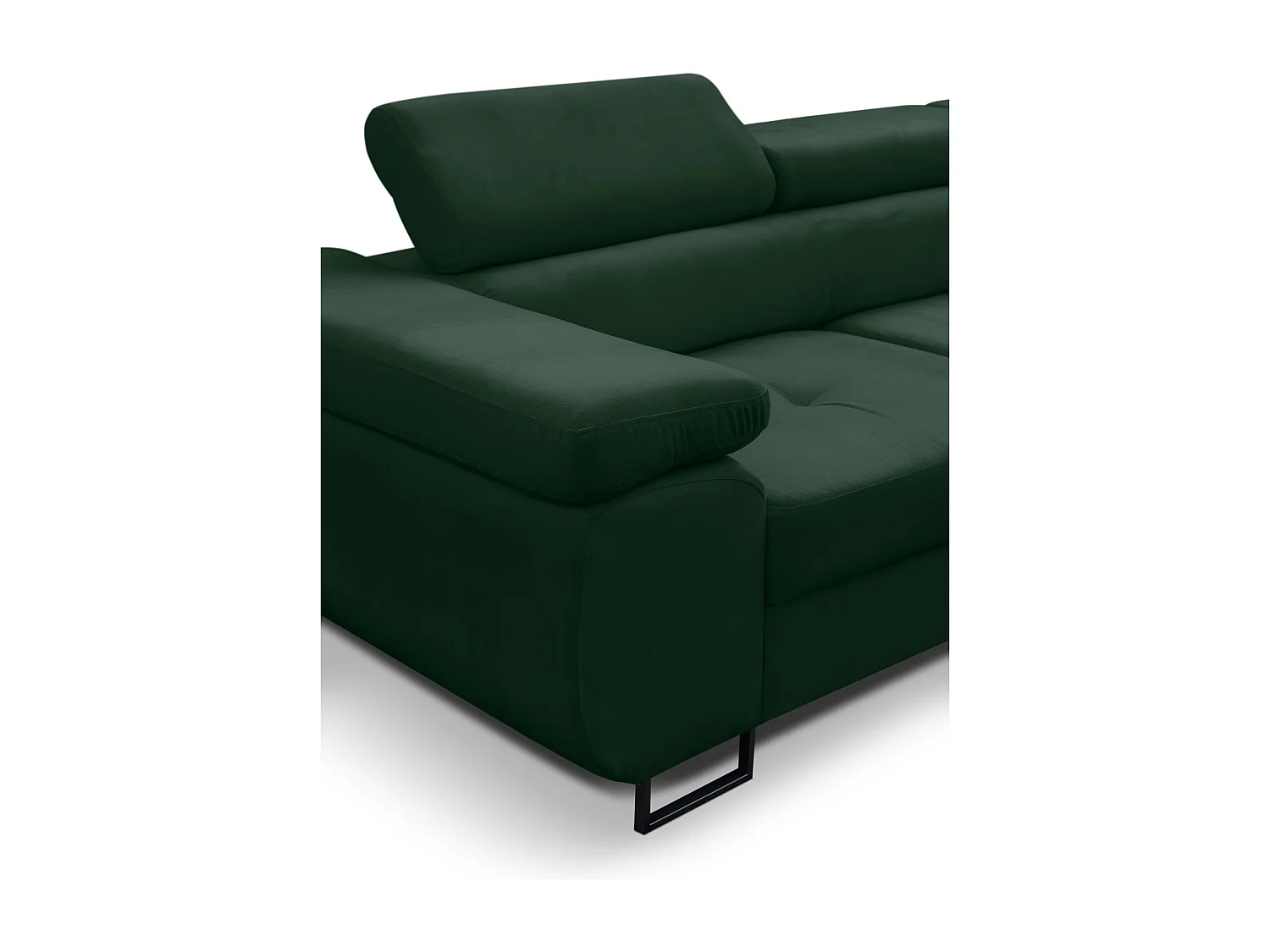 Canapé d'angle Jerry avec fonction couchage et coffre de rangement, couleur : vert, tissu velours, pouf à droite