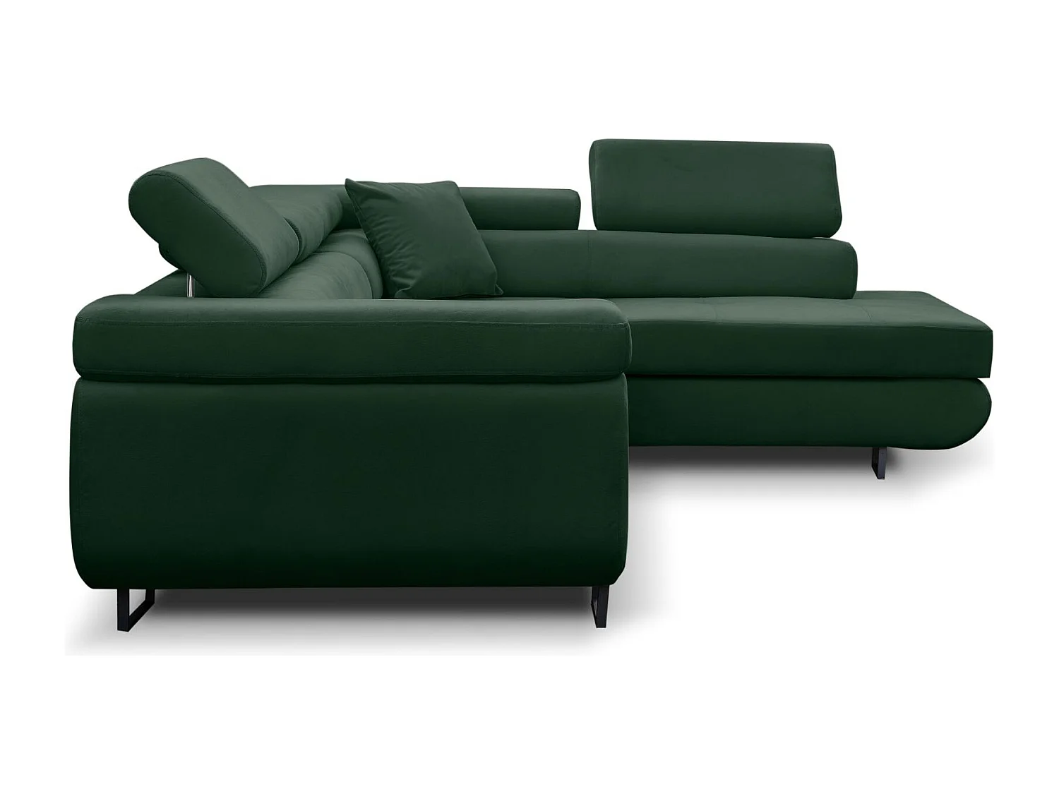 Canapé d'angle Jerry avec fonction couchage et coffre de rangement, couleur : vert, tissu velours, pouf à droite