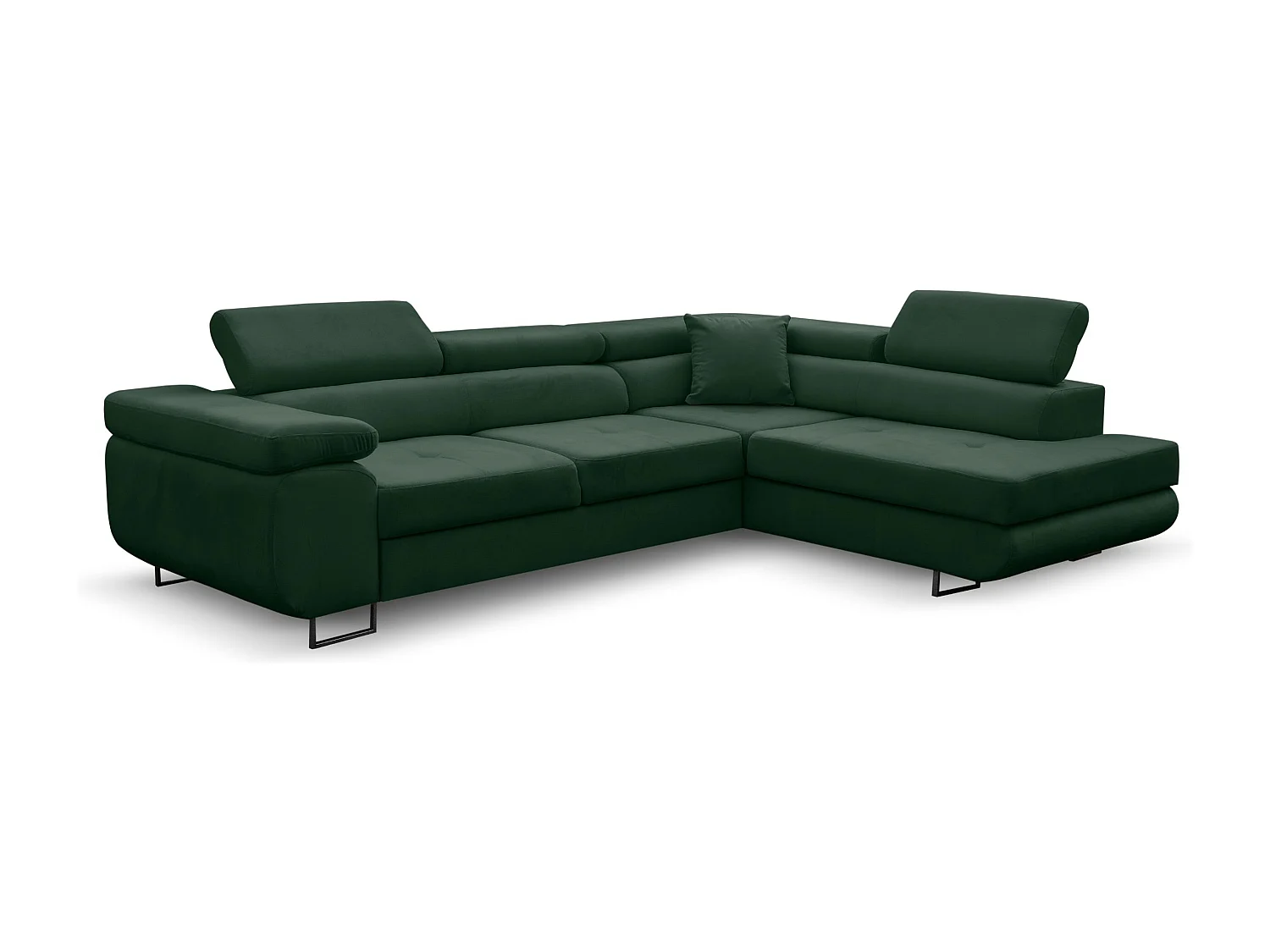 Canapé d'angle Jerry avec fonction couchage et coffre de rangement, couleur : vert, tissu velours, pouf à droite