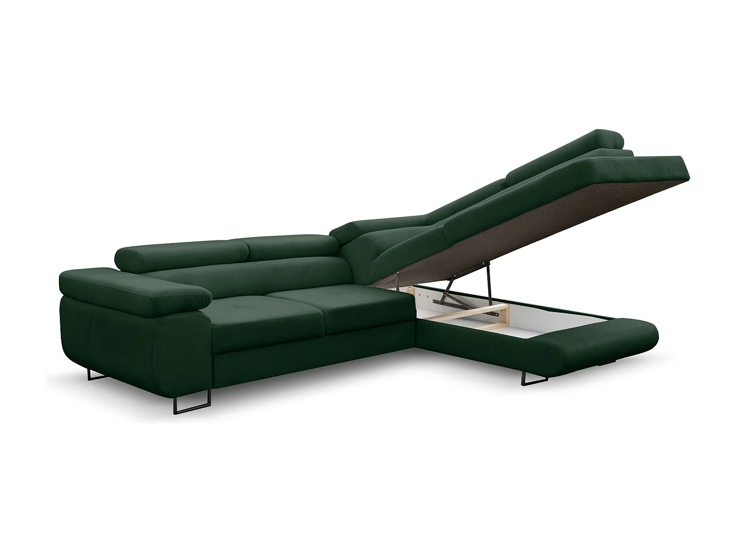 Canapé d'angle Jerry avec fonction couchage et coffre de rangement, couleur : vert, tissu velours, pouf à droite