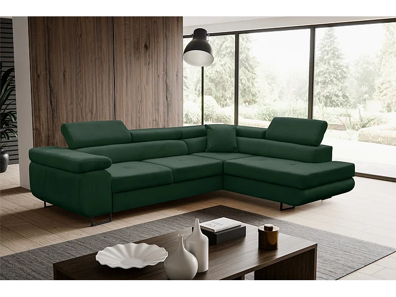 Canapé d'angle Jerry avec fonction couchage et coffre de rangement, couleur : vert, tissu velours, pouf à droite