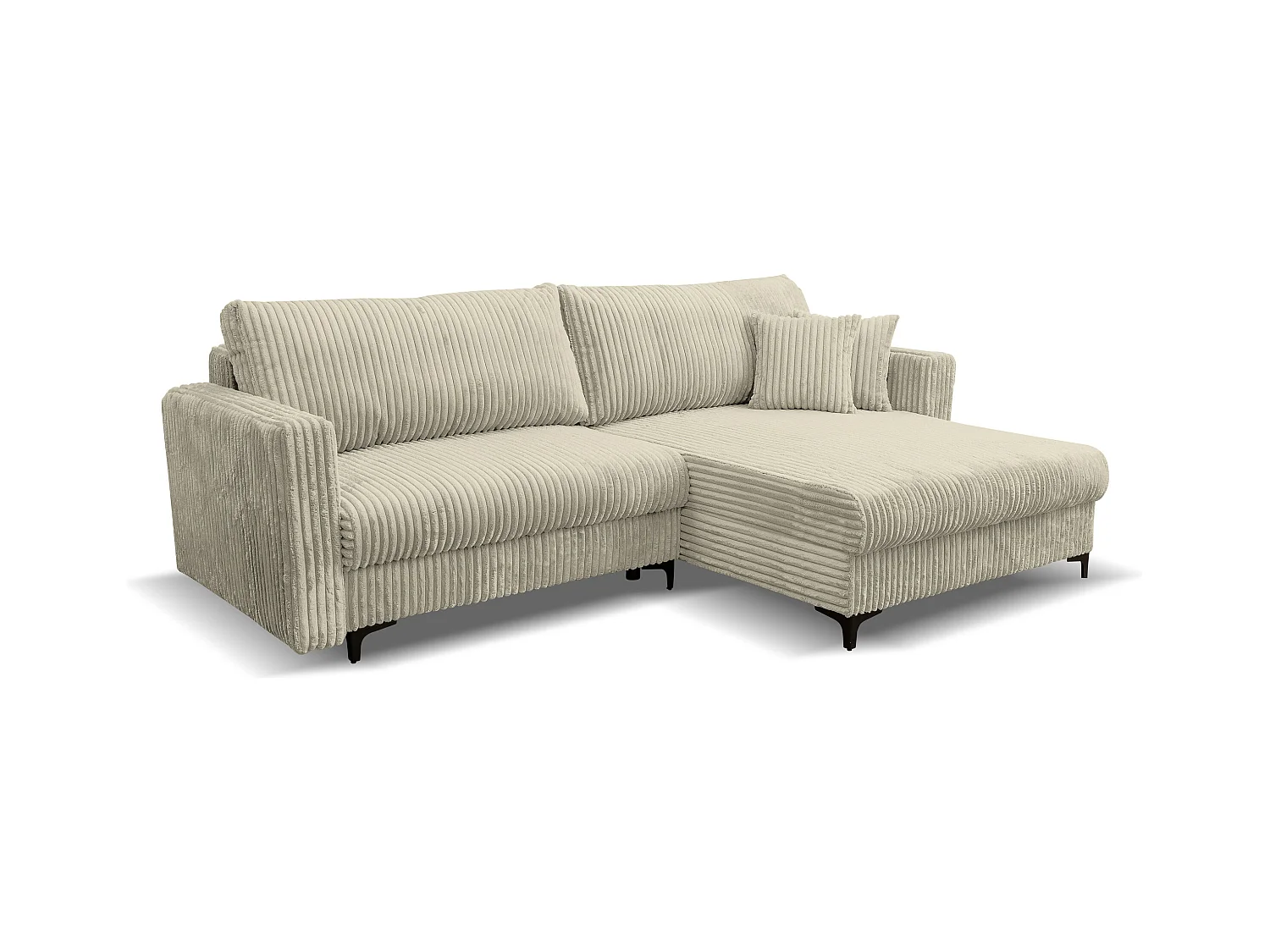 Canapé d'angle Como avec fonction couchage et coffre de rangement, couleur : beige, tissu cordé, pouf à droite