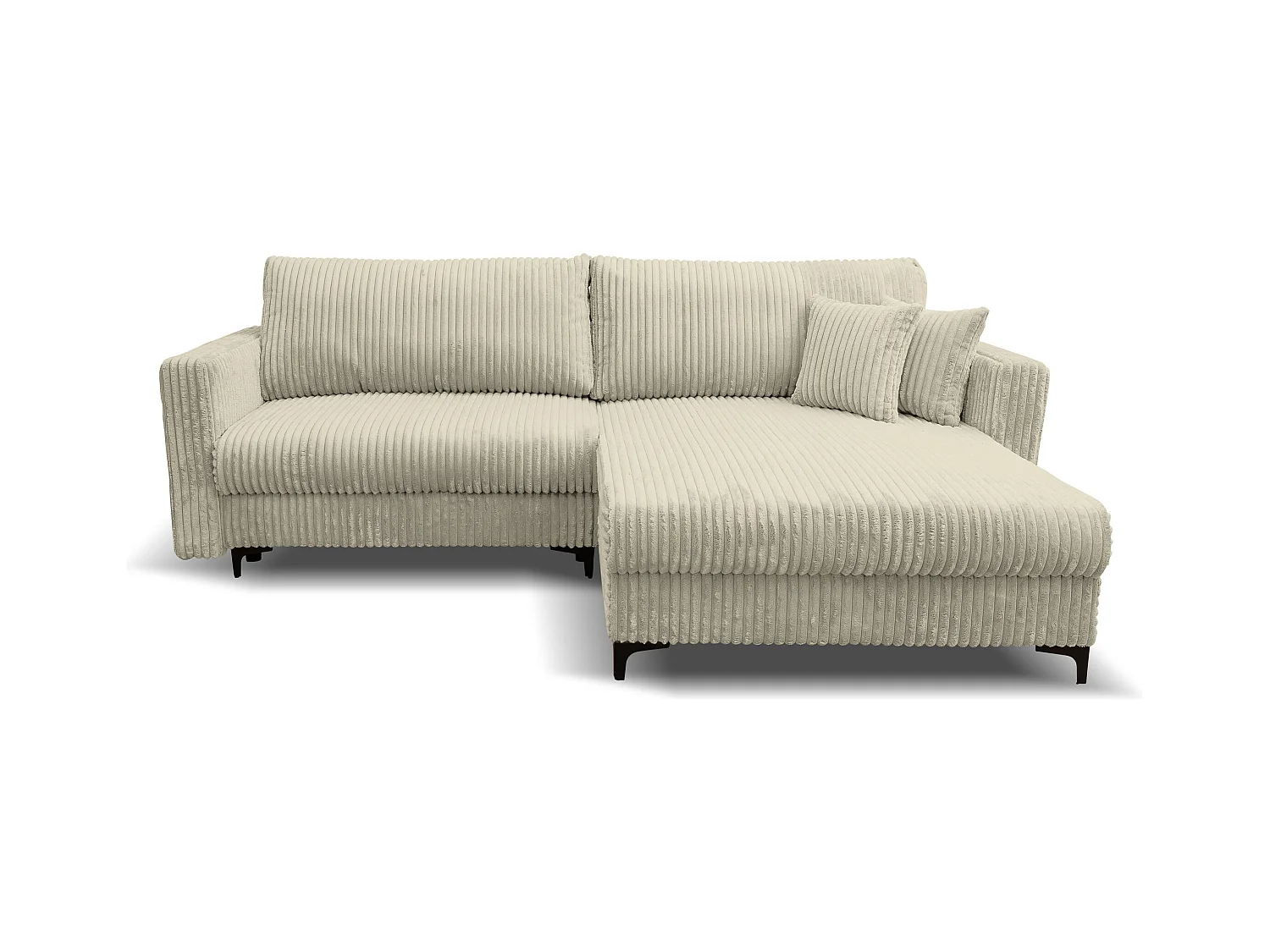 Canapé d'angle Como avec fonction couchage et coffre de rangement, couleur : beige, tissu cordé, pouf à droite