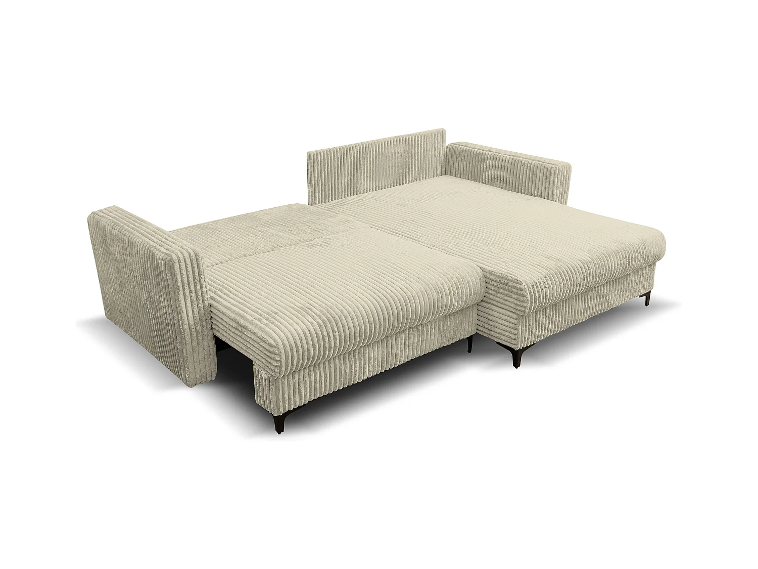 Canapé d'angle Como avec fonction couchage et coffre de rangement, couleur : beige, tissu cordé, pouf à droite