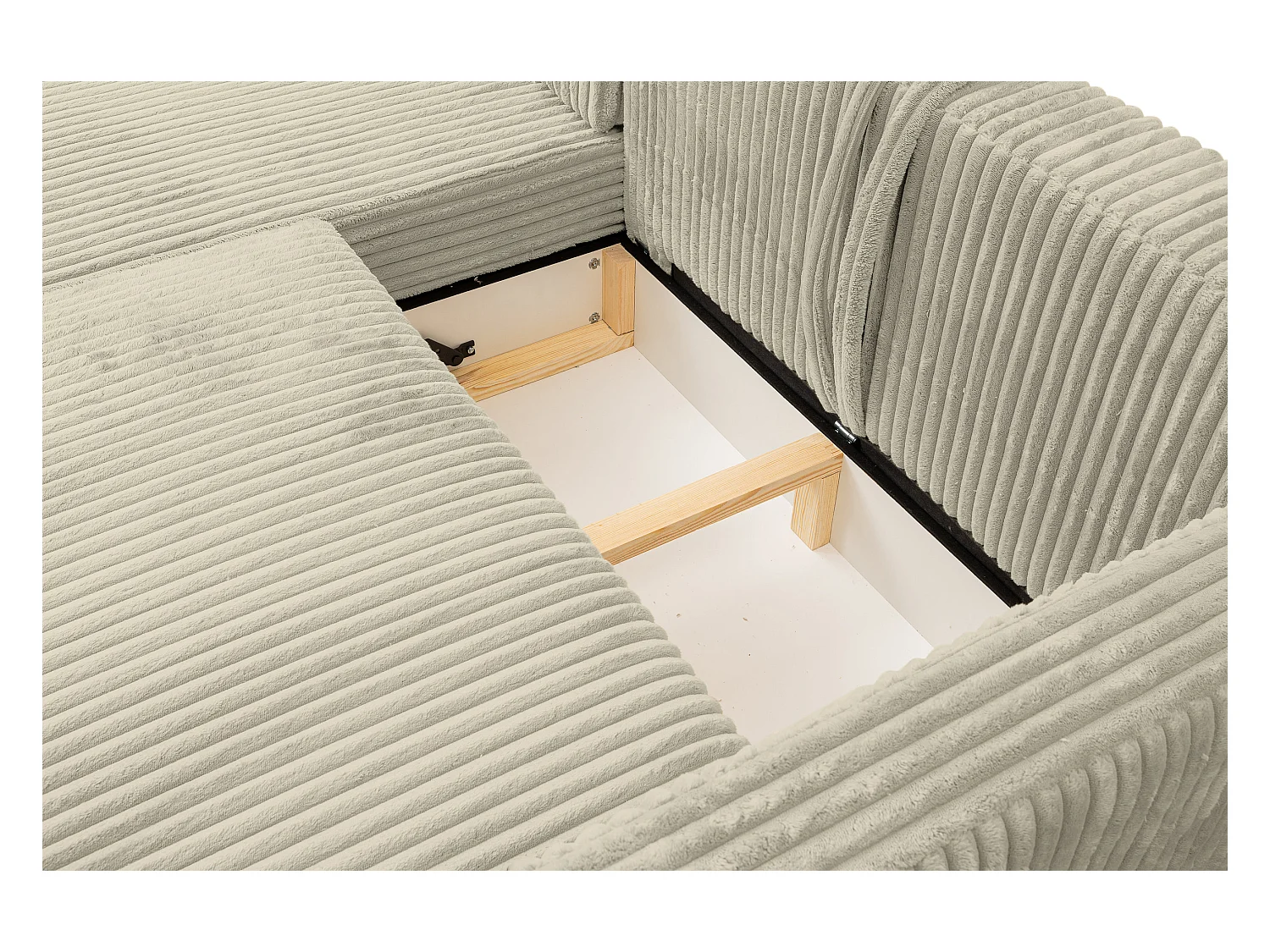 Canapé d'angle Como avec fonction couchage et coffre de rangement, couleur : beige, tissu cordé, pouf à droite