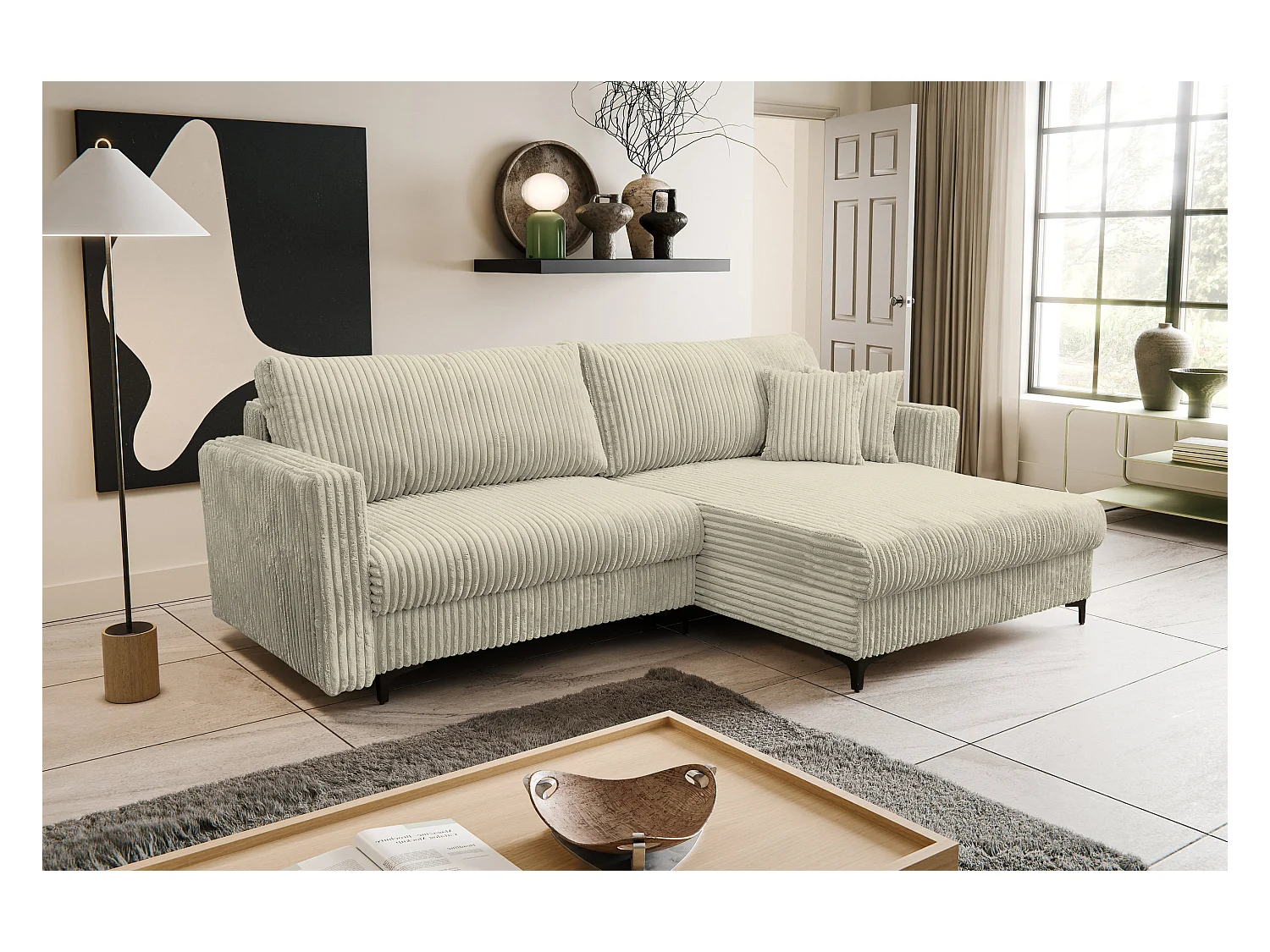 Hoekbank Como, hoekbank in L-vorm met slaapfunctie en bedbak, kleur: beige, corduroy, ottomane rechts