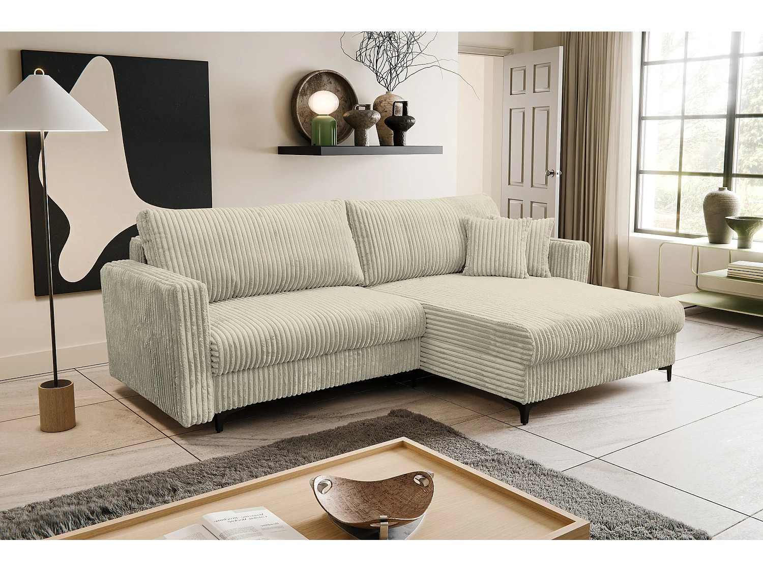 Canapé d'angle Como avec fonction couchage et coffre de rangement, couleur : beige, tissu cordé, pouf à droite