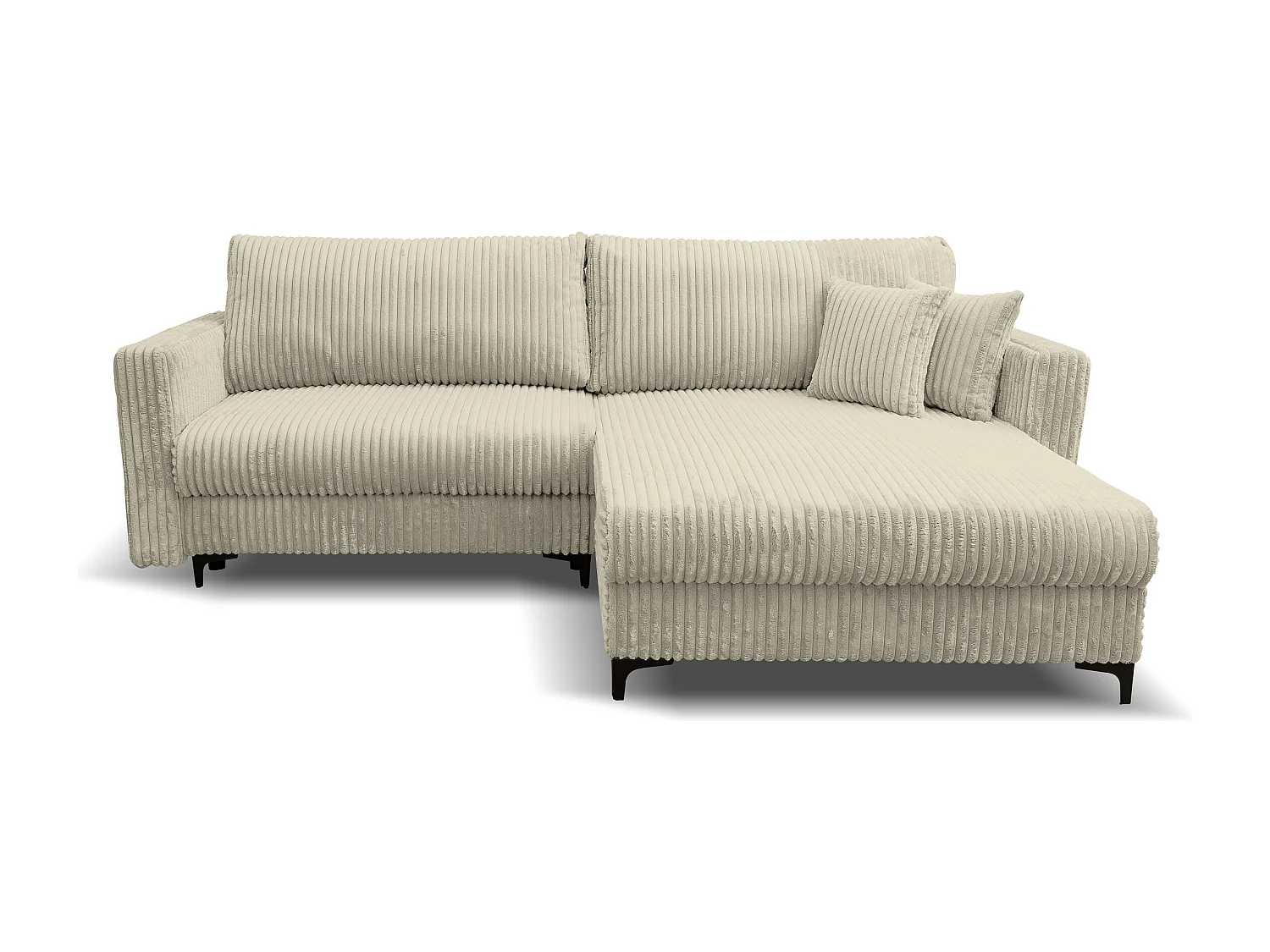 Canapé d'angle Como avec fonction couchage et coffre de rangement, couleur : beige, tissu cordé, pouf à droite