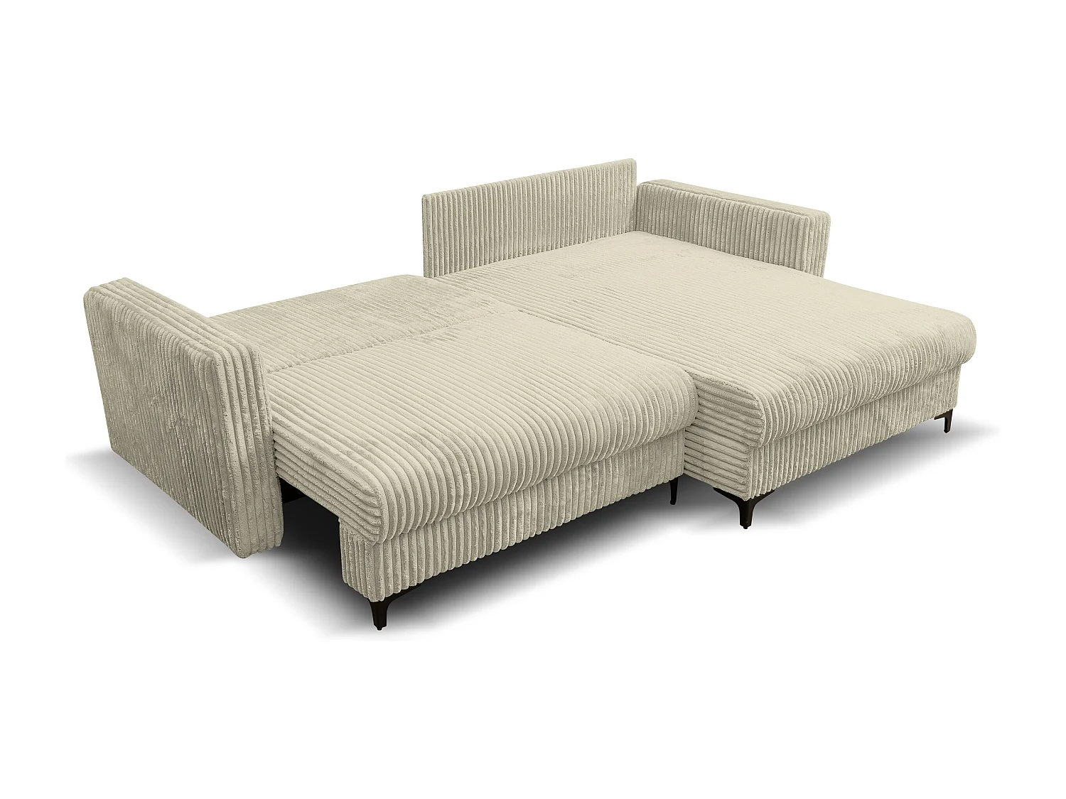 Canapé d'angle Como avec fonction couchage et coffre de rangement, couleur : beige, tissu cordé, pouf à droite