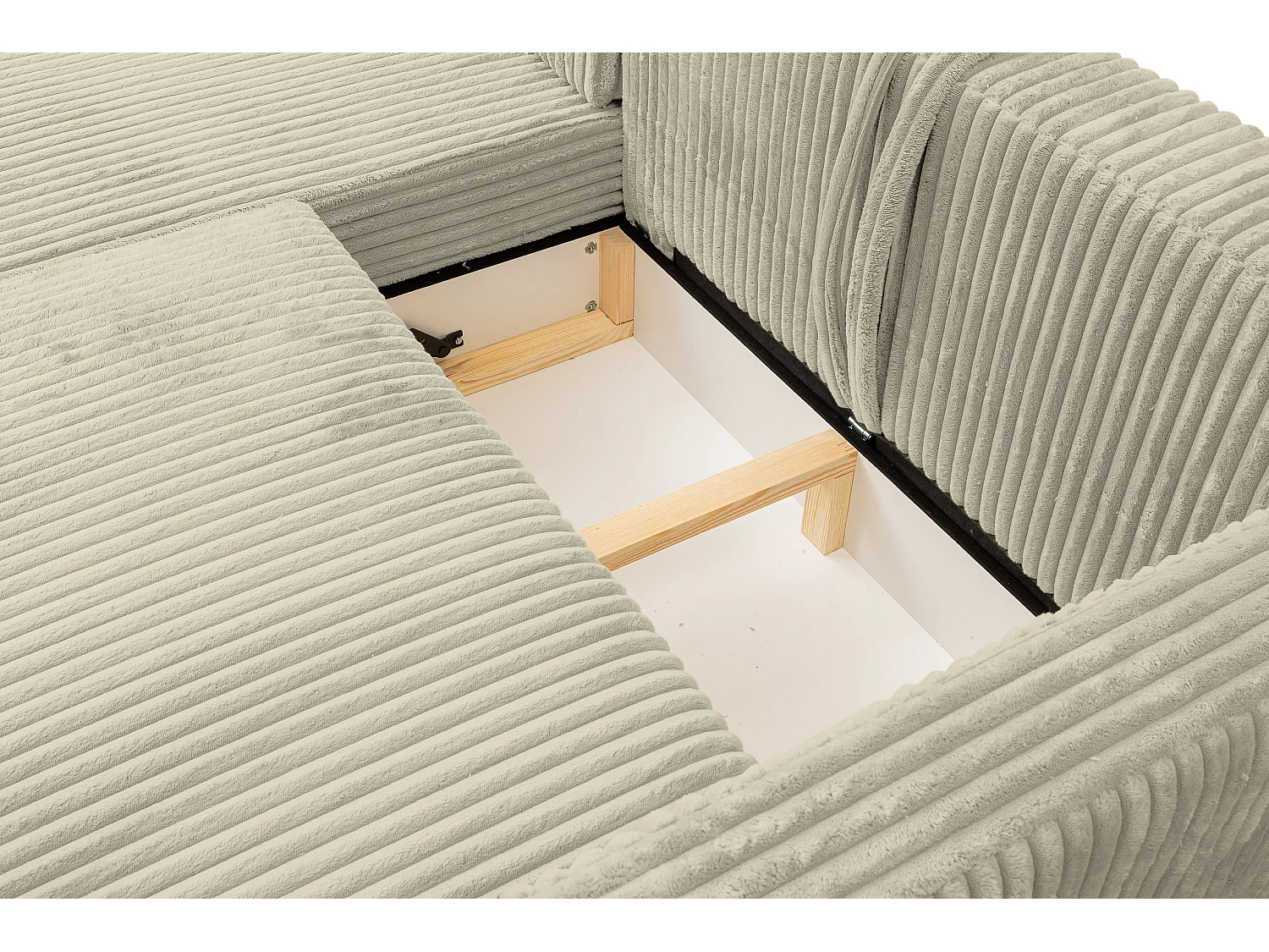 Canapé d'angle Como avec fonction couchage et coffre de rangement, couleur : beige, tissu cordé, pouf à droite