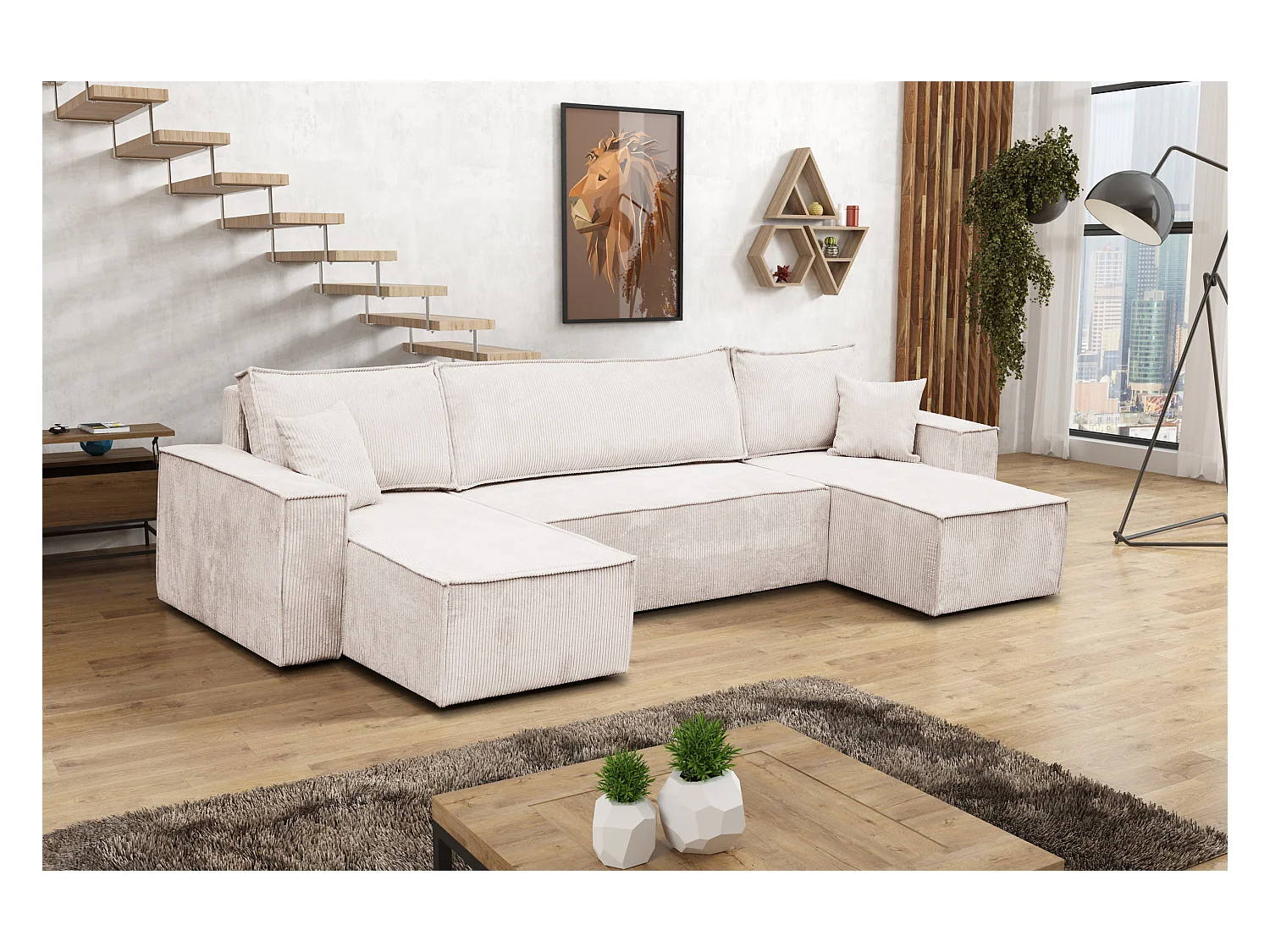 Ensemble de salon Hugo U, canapé en U avec fonction couchage et coffre de rangement, couleur : beige, tissu cordé