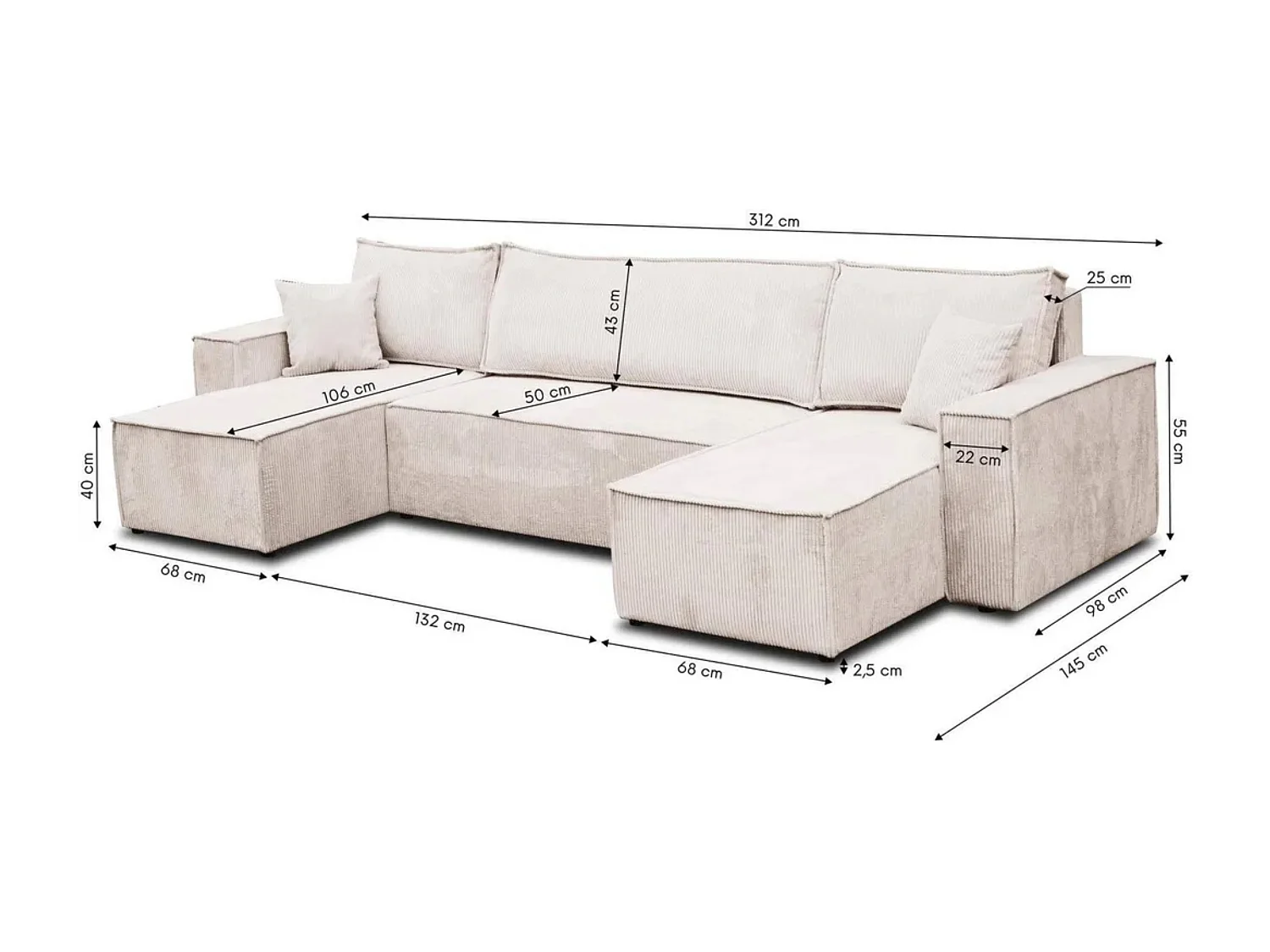 Ensemble de salon Hugo U, canapé en U avec fonction couchage et coffre de rangement, couleur : beige, tissu cordé