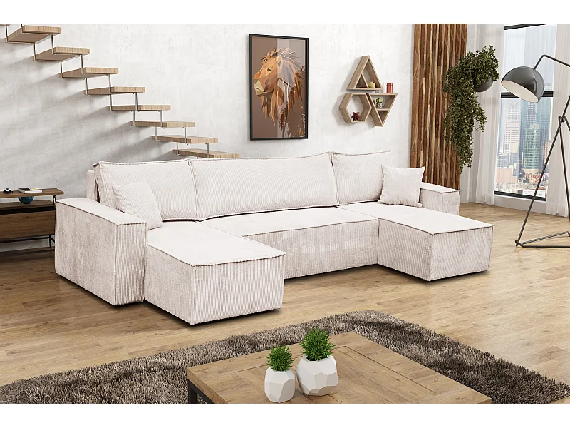 Ensemble de salon Hugo U, canapé en U avec fonction couchage et coffre de rangement, couleur : beige, tissu cordé