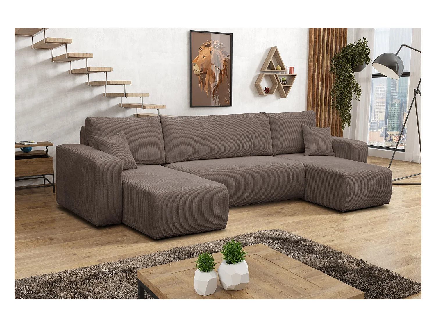 Ensemble de salon Luna U, canapé en U avec fonction couchage et coffre de rangement, couleur : marron clair, tissu cordé