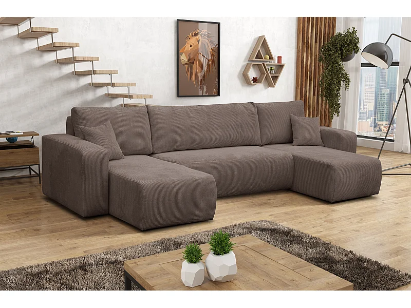 Ensemble de salon Luna U, canapé en U avec fonction couchage et coffre de rangement, couleur : marron clair, tissu cordé