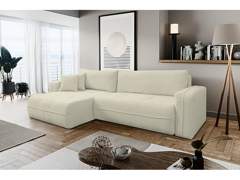 Canapé d'angle Cloud avec fonction couchage et coffre de rangement, couleur : beige, tissu bouclé, pouf universel