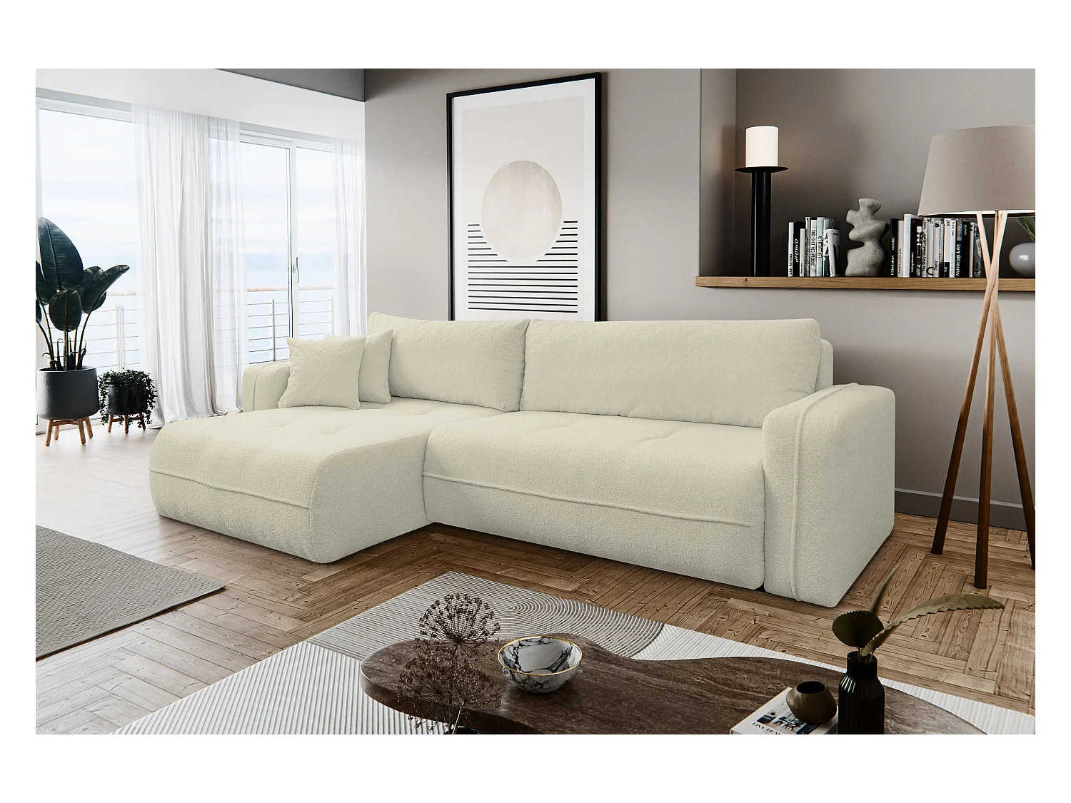 Canapé d'angle Cloud avec fonction couchage et coffre de rangement, couleur : beige, tissu bouclé, pouf universel