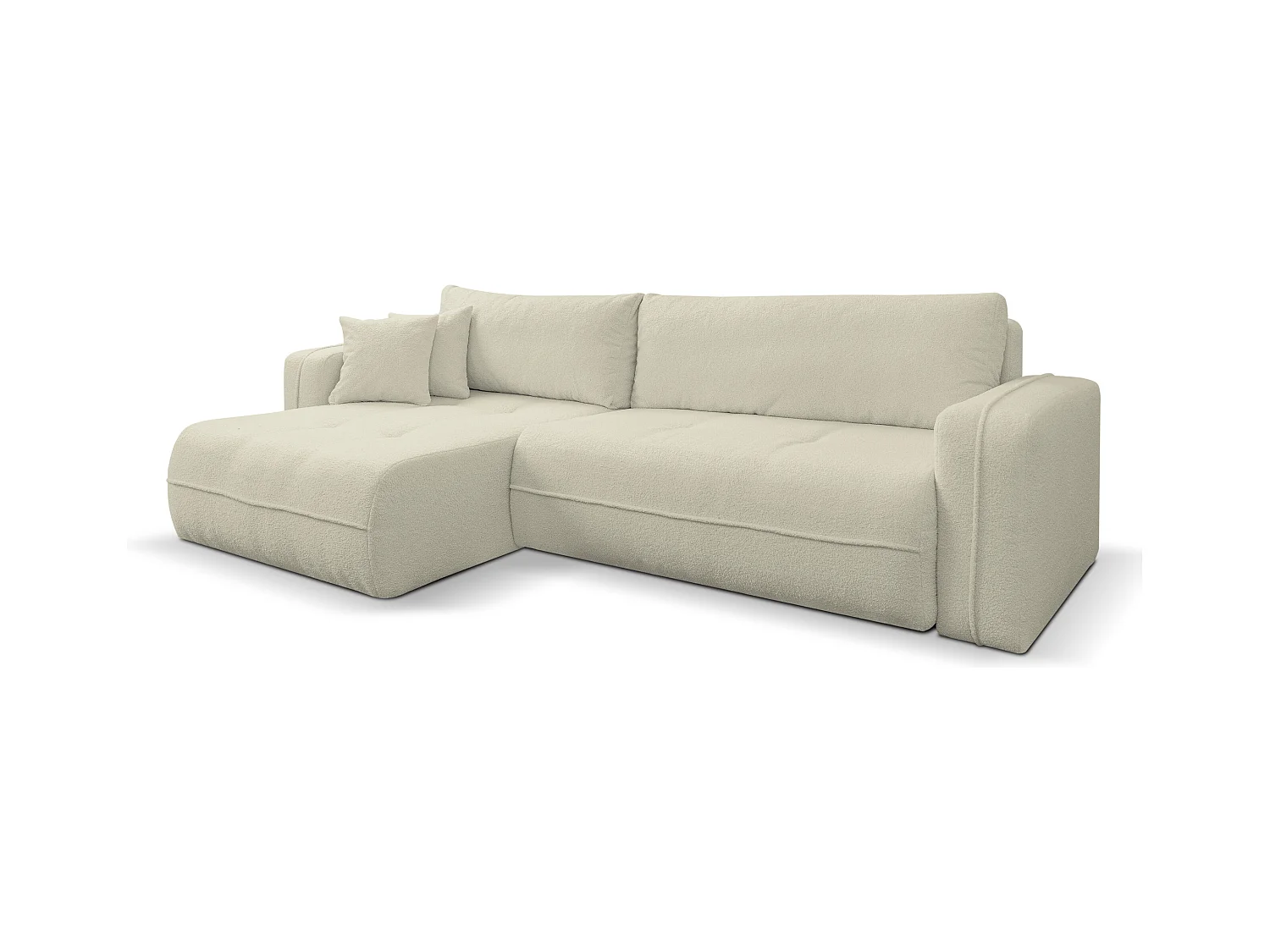 Canapé d'angle Cloud avec fonction couchage et coffre de rangement, couleur : beige, tissu bouclé, pouf universel