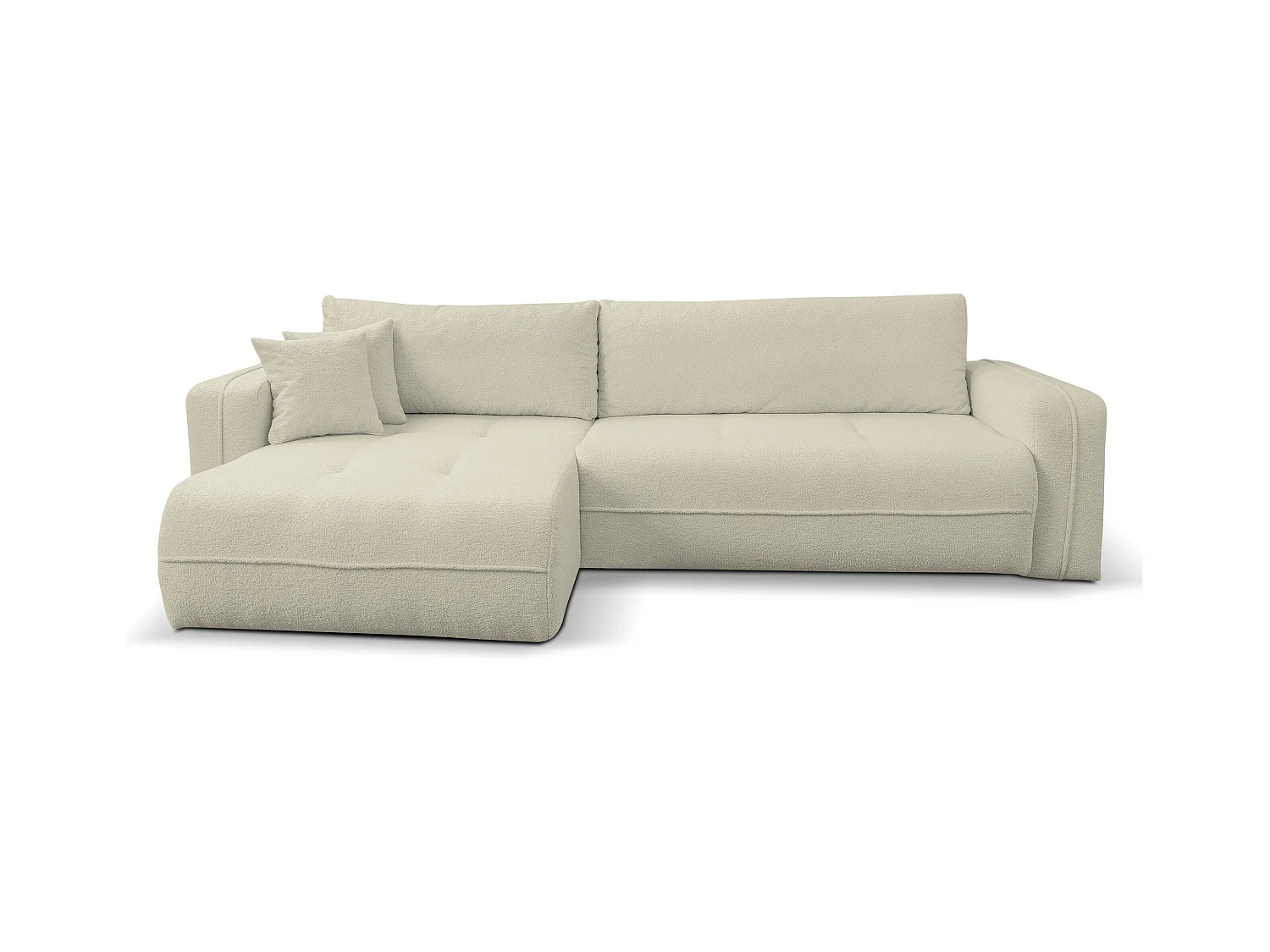 Canapé d'angle Cloud avec fonction couchage et coffre de rangement, couleur : beige, tissu bouclé, pouf universel