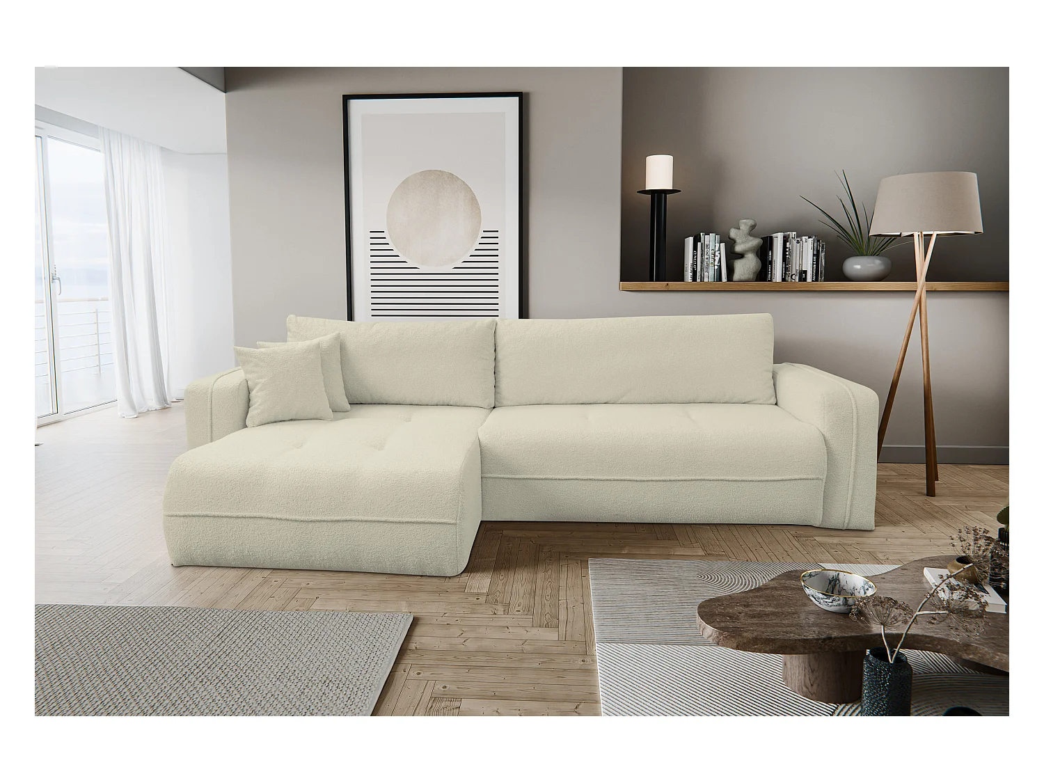 Canapé d'angle Cloud avec fonction couchage et coffre de rangement, couleur : beige, tissu bouclé, pouf universel