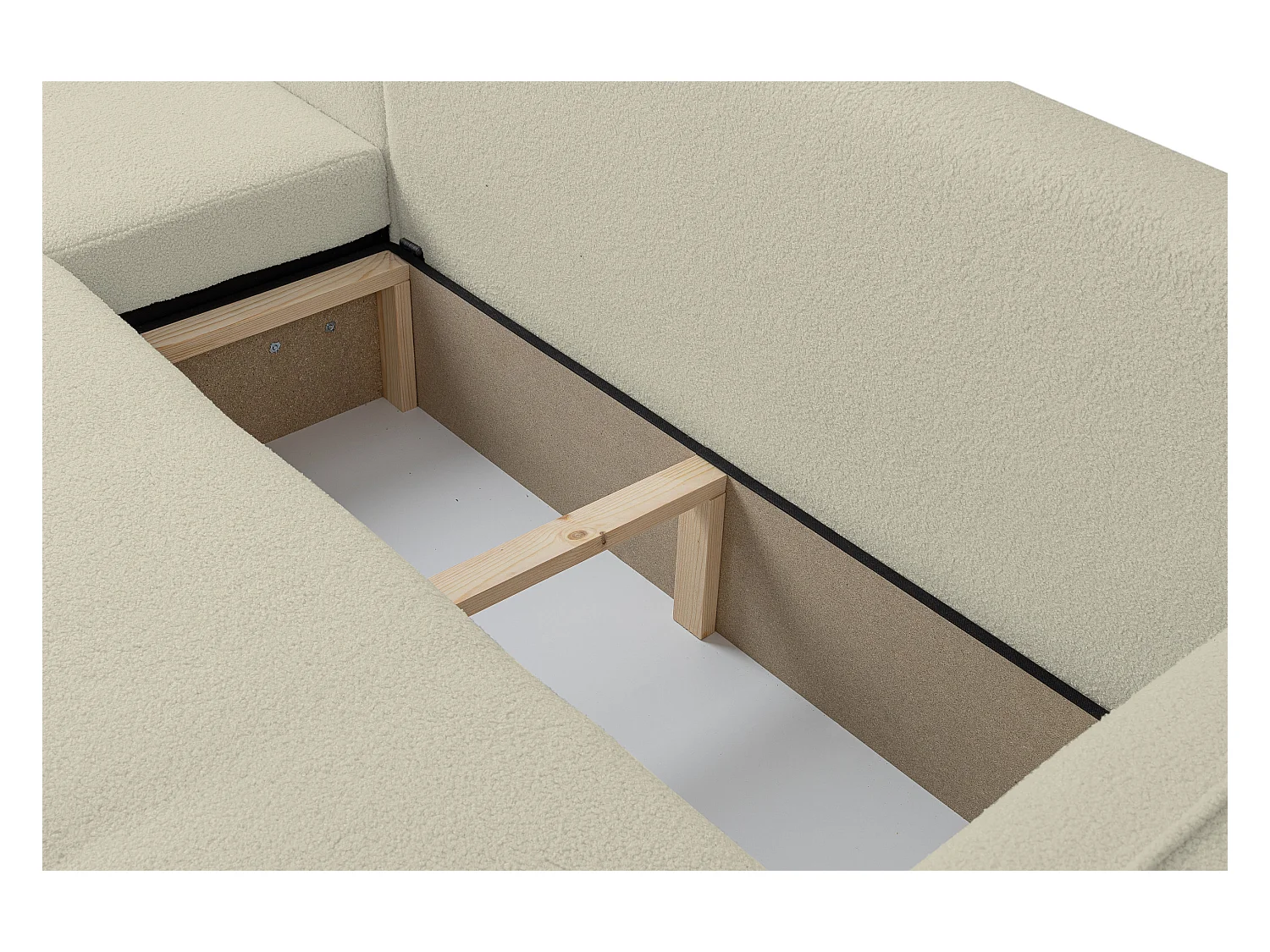 Canapé d'angle Cloud avec fonction couchage et coffre de rangement, couleur : beige, tissu bouclé, pouf universel