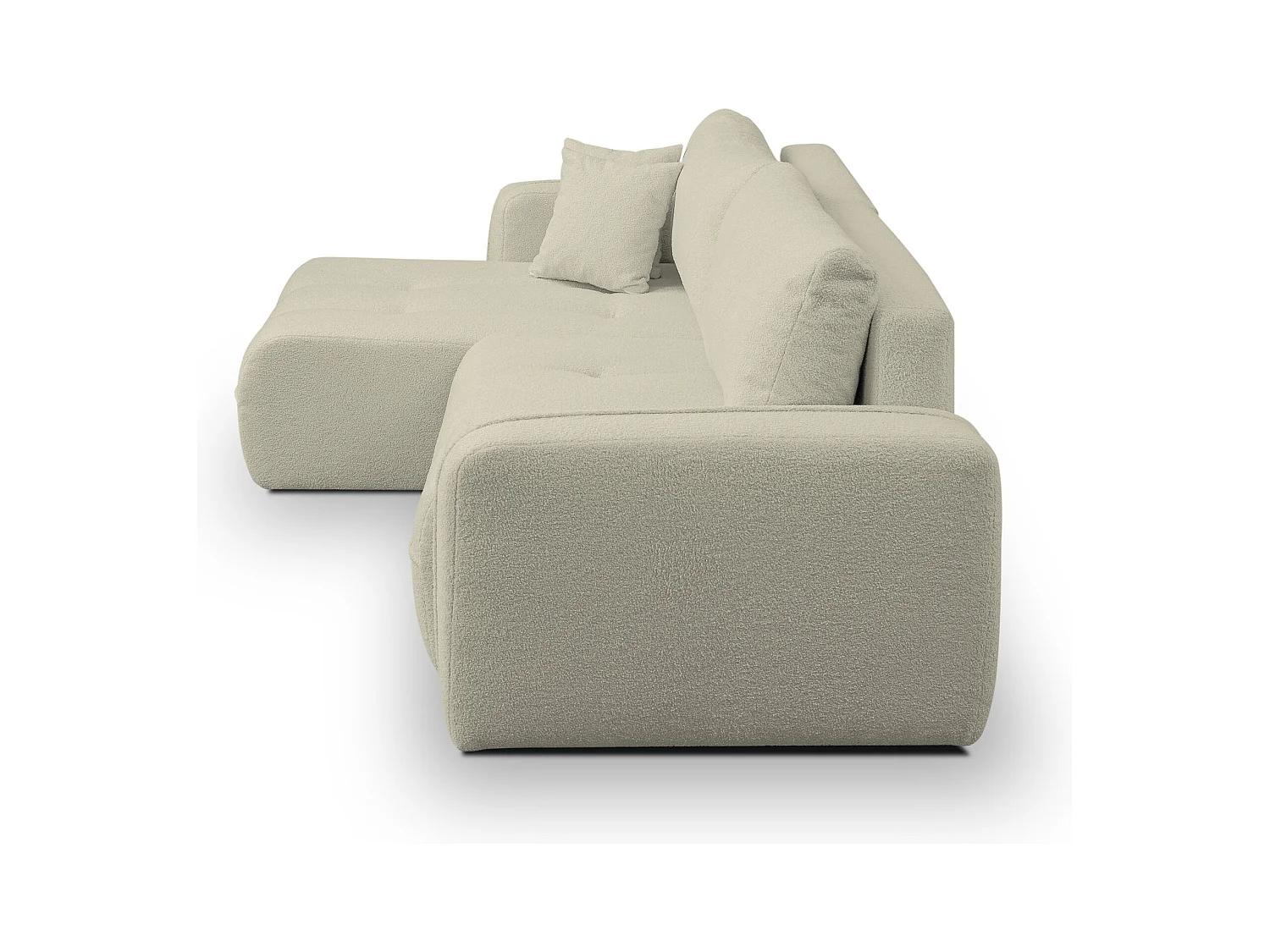 Canapé d'angle Cloud avec fonction couchage et coffre de rangement, couleur : beige, tissu bouclé, pouf universel