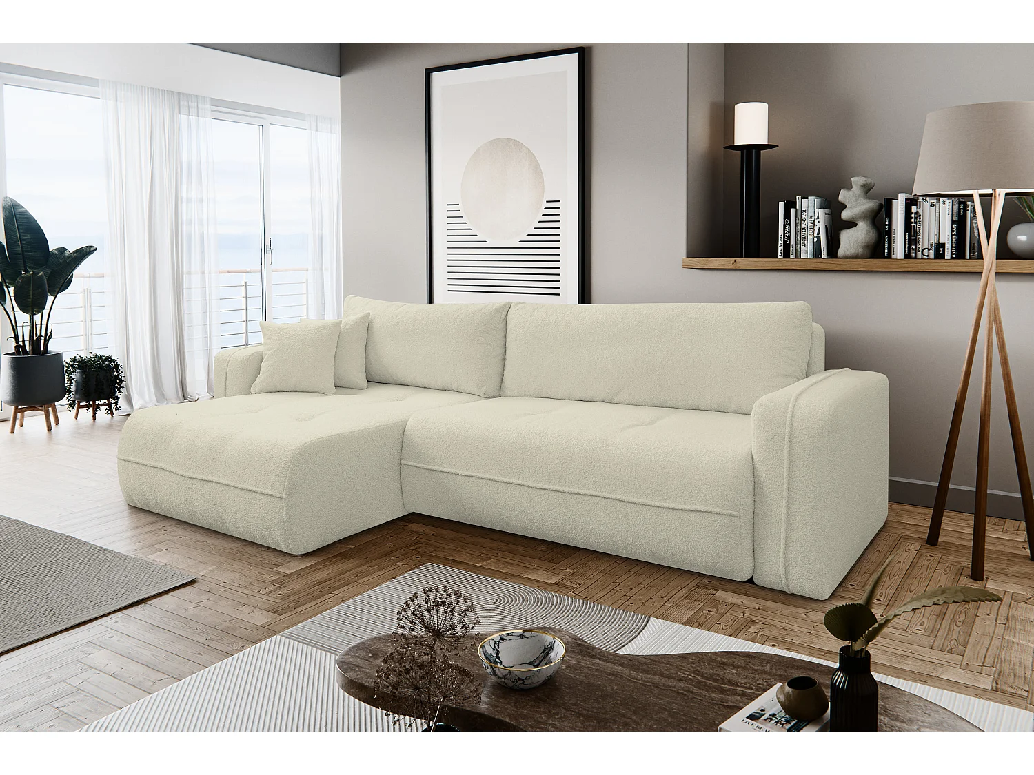 Hoekbank Cloud, hoekbank in L-vorm met slaapfunctie en bedbak, kleur: beige, bouclé-stof, universele ottomane