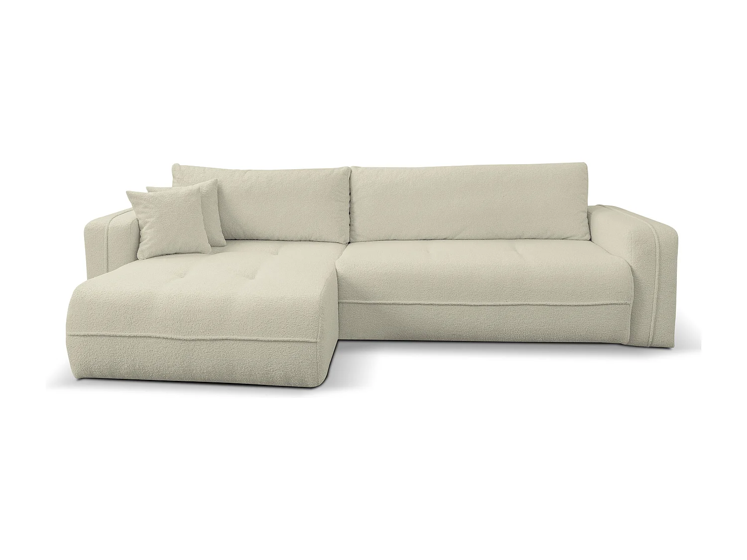 Hoekbank Cloud, hoekbank in L-vorm met slaapfunctie en bedbak, kleur: beige, bouclé-stof, universele ottomane