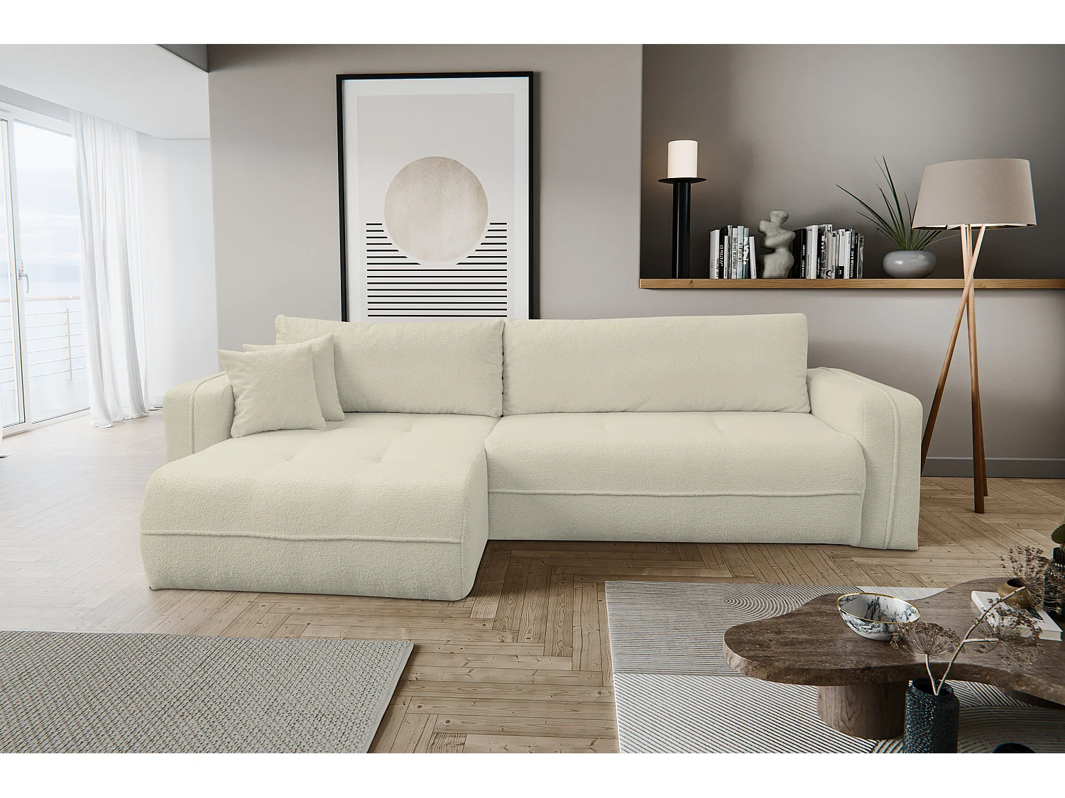 Hoekbank Cloud, hoekbank in L-vorm met slaapfunctie en bedbak, kleur: beige, bouclé-stof, universele ottomane