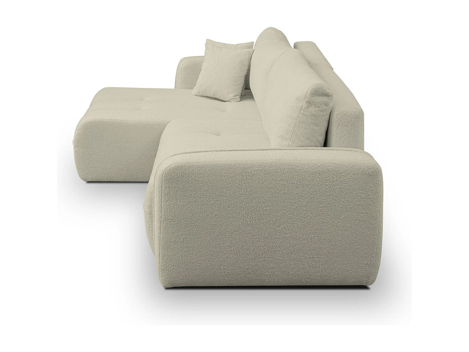 Hoekbank Cloud, hoekbank in L-vorm met slaapfunctie en bedbak, kleur: beige, bouclé-stof, universele ottomane