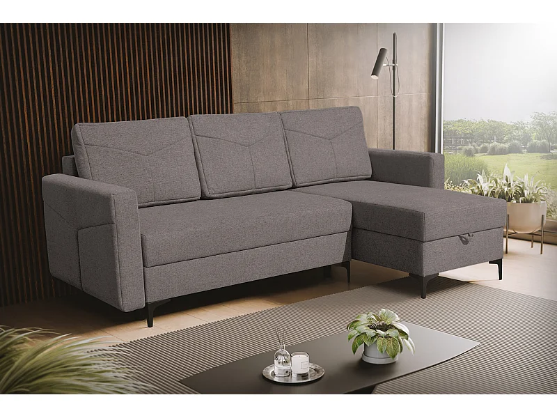 Canapé d'angle Kairo avec fonction couchage et coffre de rangement, couleur : gris foncé, tissu velours, ottomane à gauche ou à droite