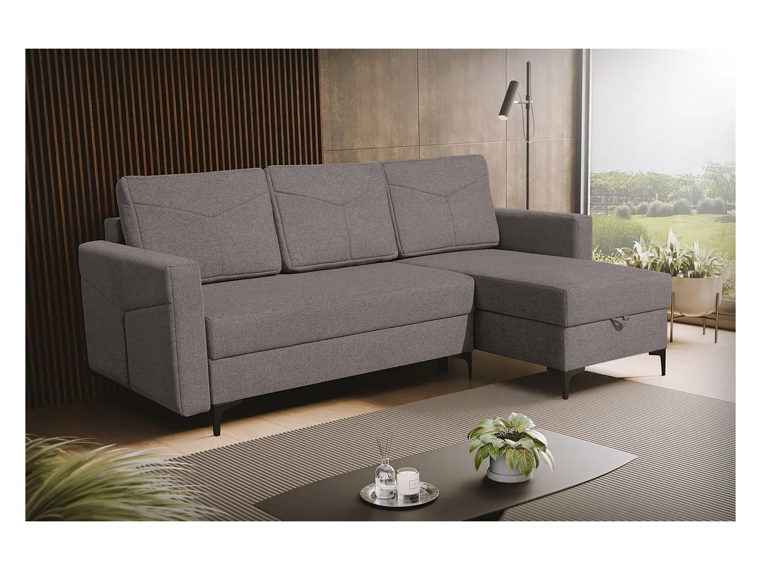 Canapé d'angle Kairo avec fonction couchage et coffre de rangement, couleur : gris foncé, tissu velours, ottomane à gauche ou à droite