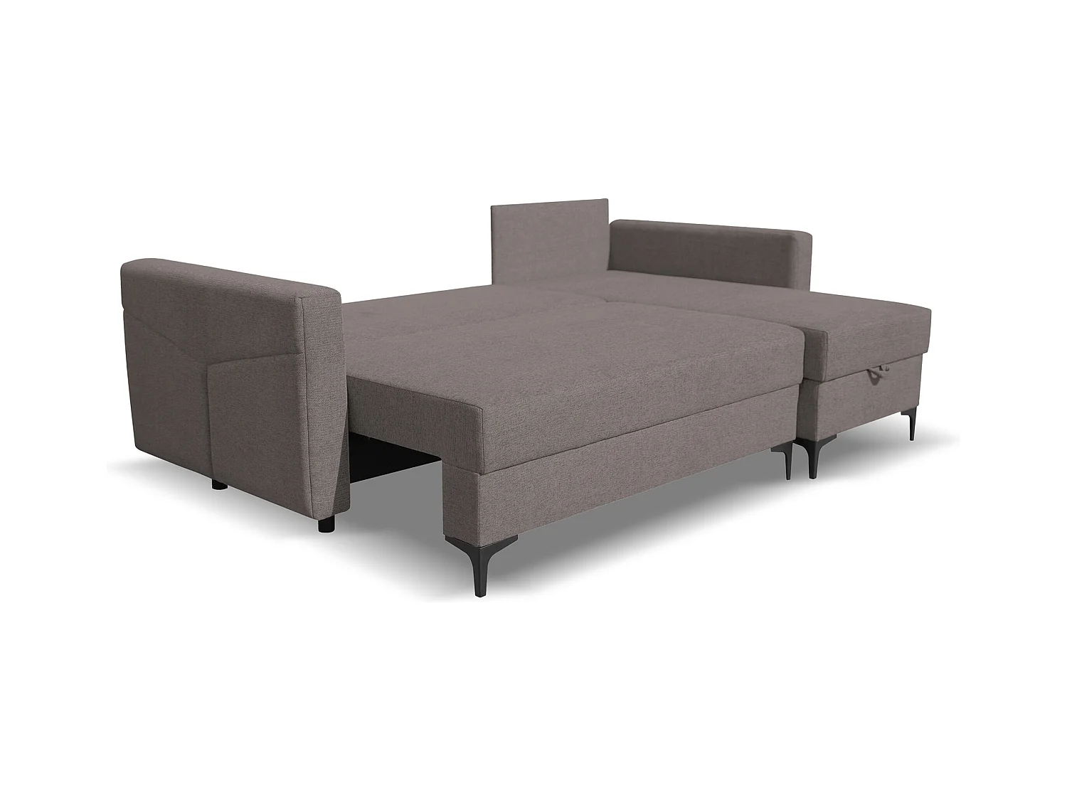 Canapé d'angle Kairo avec fonction couchage et coffre de rangement, couleur : gris foncé, tissu velours, ottomane à gauche ou à droite