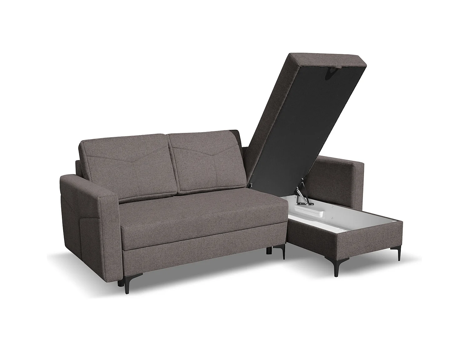 Canapé d'angle Kairo avec fonction couchage et coffre de rangement, couleur : gris foncé, tissu velours, ottomane à gauche ou à droite