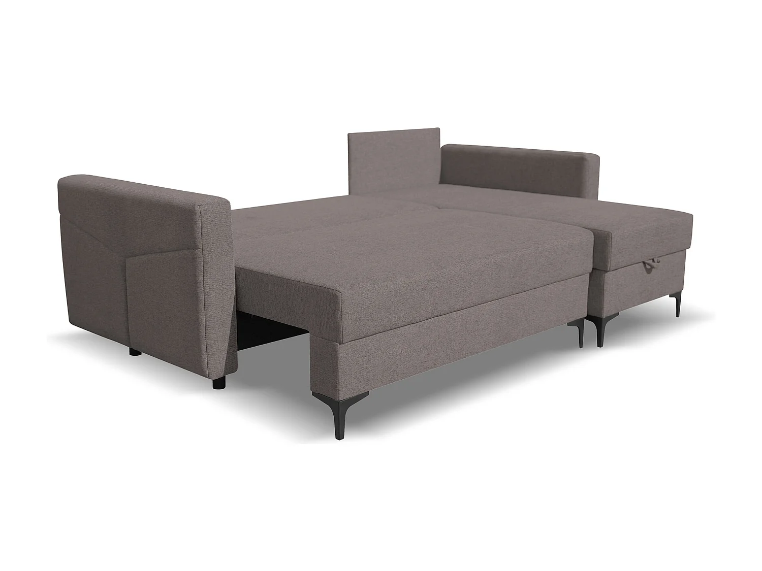 Canapé d'angle Kairo avec fonction couchage et coffre de rangement, couleur : gris foncé, tissu velours, ottomane à gauche ou à droite