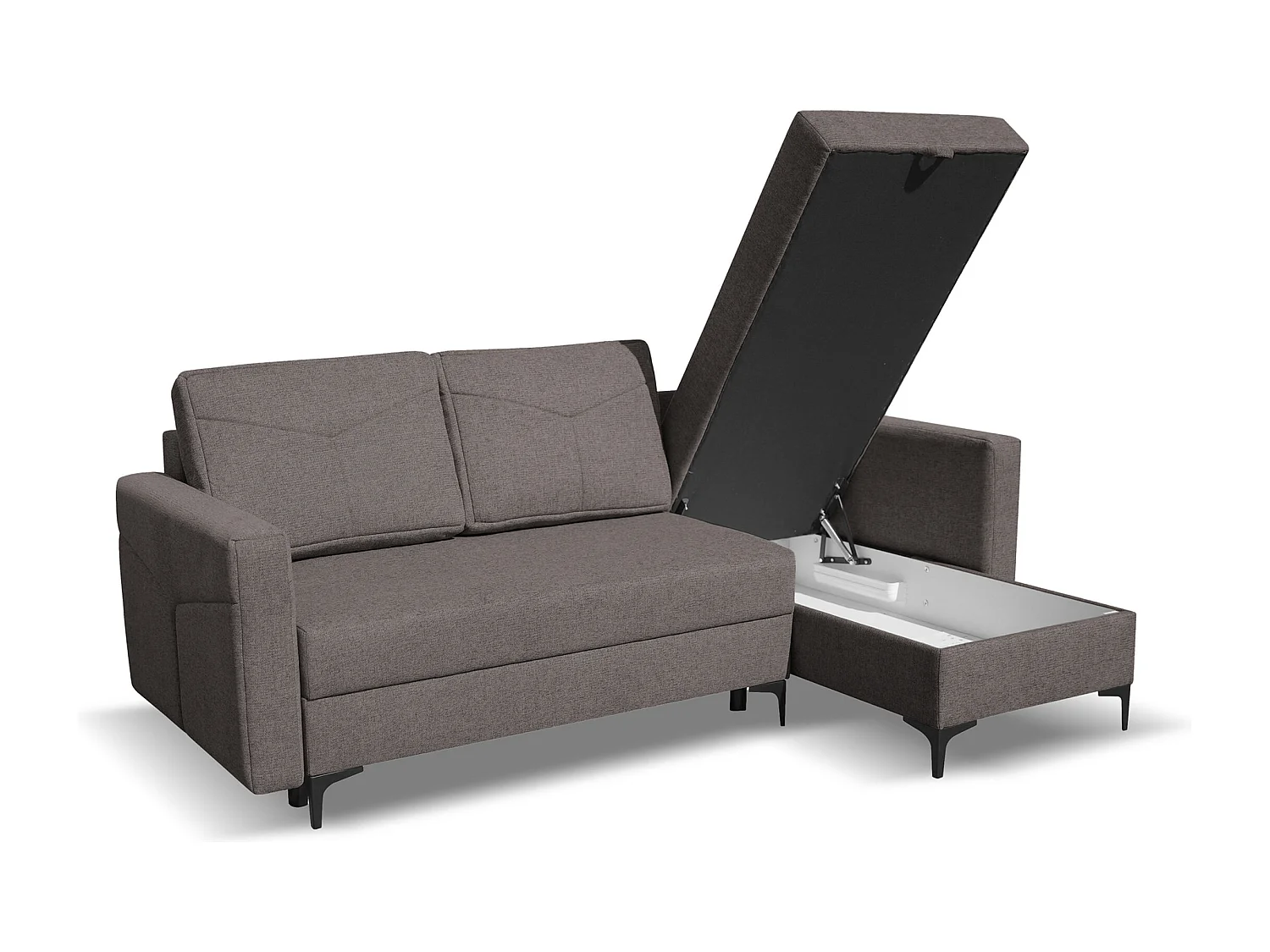 Canapé d'angle Kairo avec fonction couchage et coffre de rangement, couleur : gris foncé, tissu velours, ottomane à gauche ou à droite