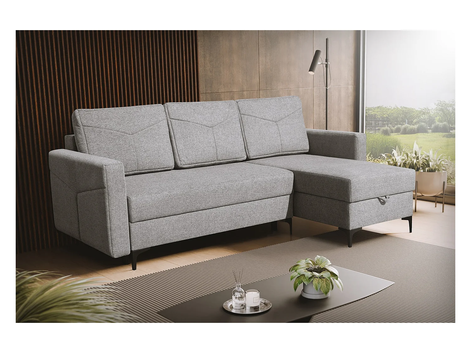 Canapé d'angle Kairo avec fonction couchage et coffre de rangement, couleur : gris, tissu velours, ottomane à gauche ou à droite