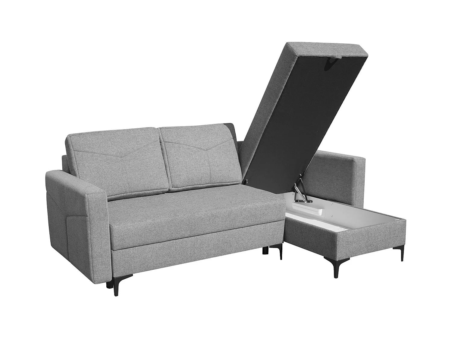 Canapé d'angle Kairo avec fonction couchage et coffre de rangement, couleur : gris, tissu velours, ottomane à gauche ou à droite