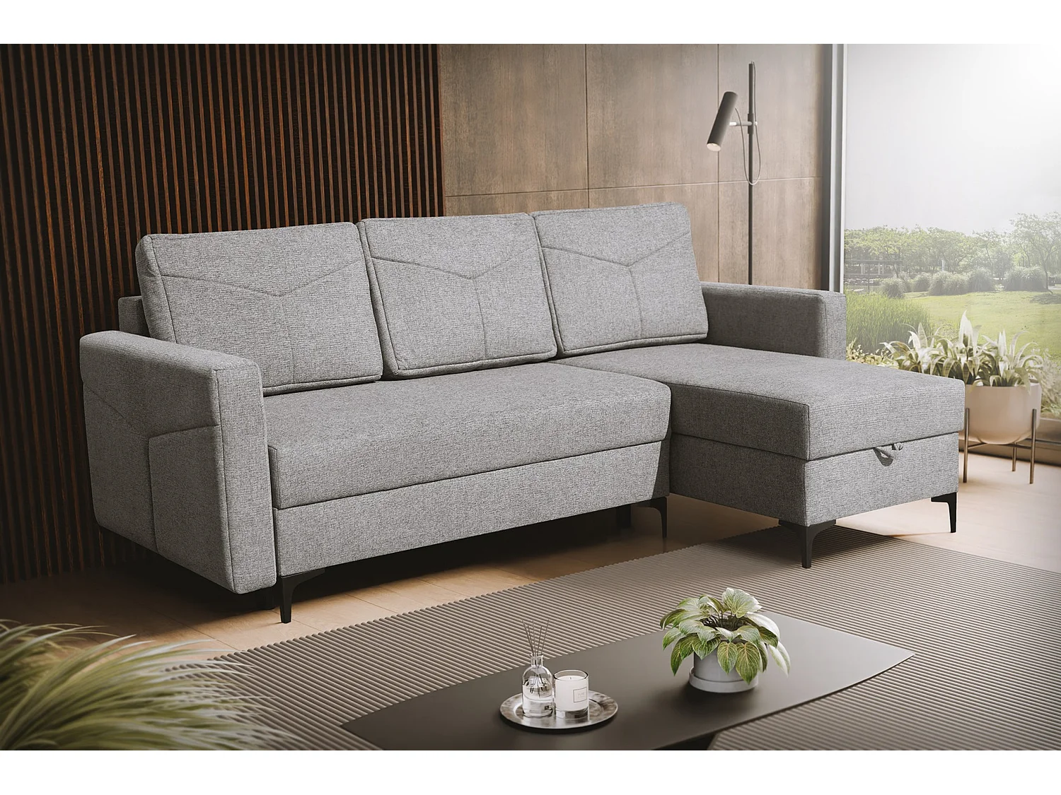 Canapé d'angle Kairo avec fonction couchage et coffre de rangement, couleur : gris, tissu velours, ottomane à gauche ou à droite