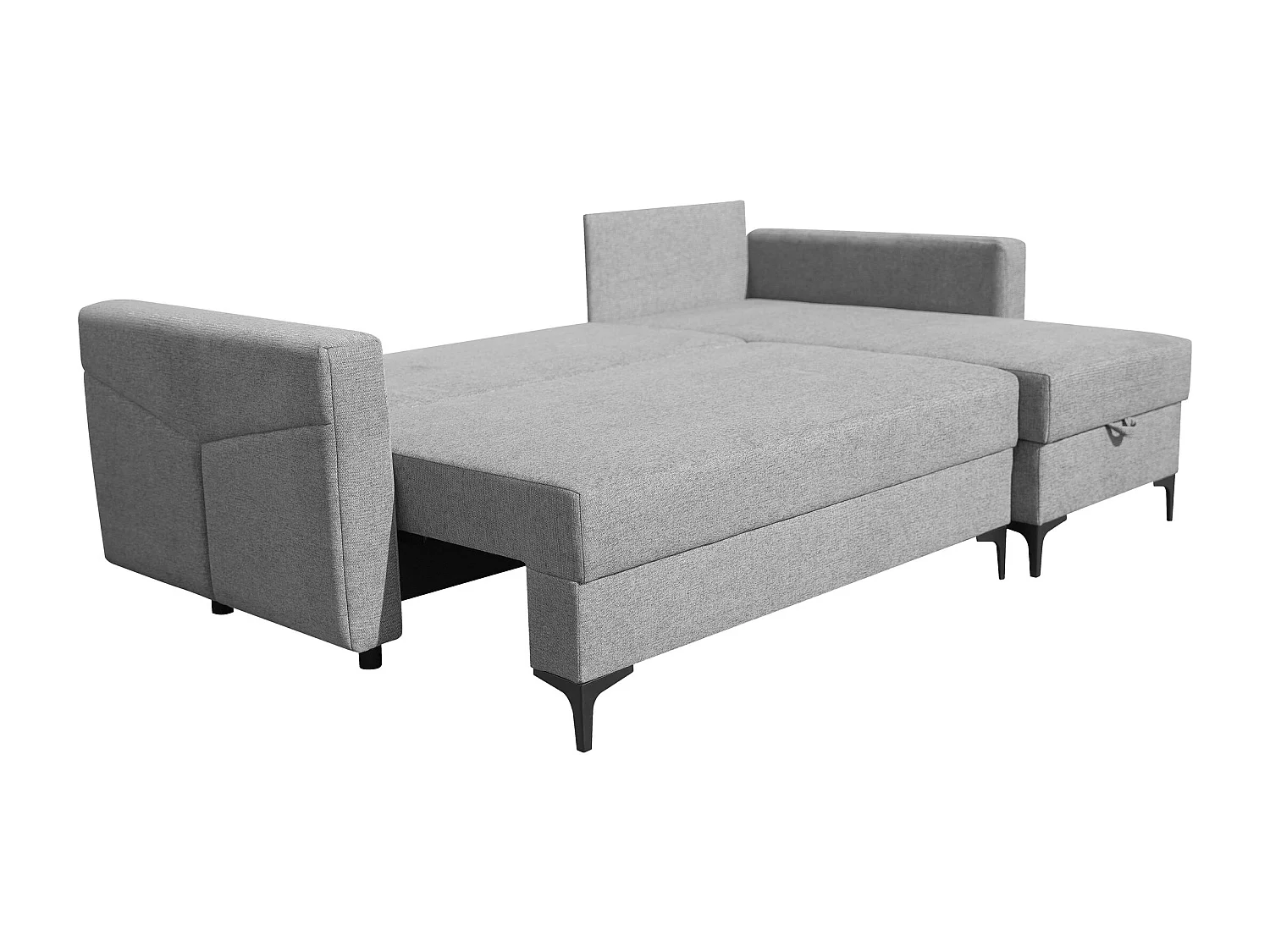 Canapé d'angle Kairo avec fonction couchage et coffre de rangement, couleur : gris, tissu velours, ottomane à gauche ou à droite