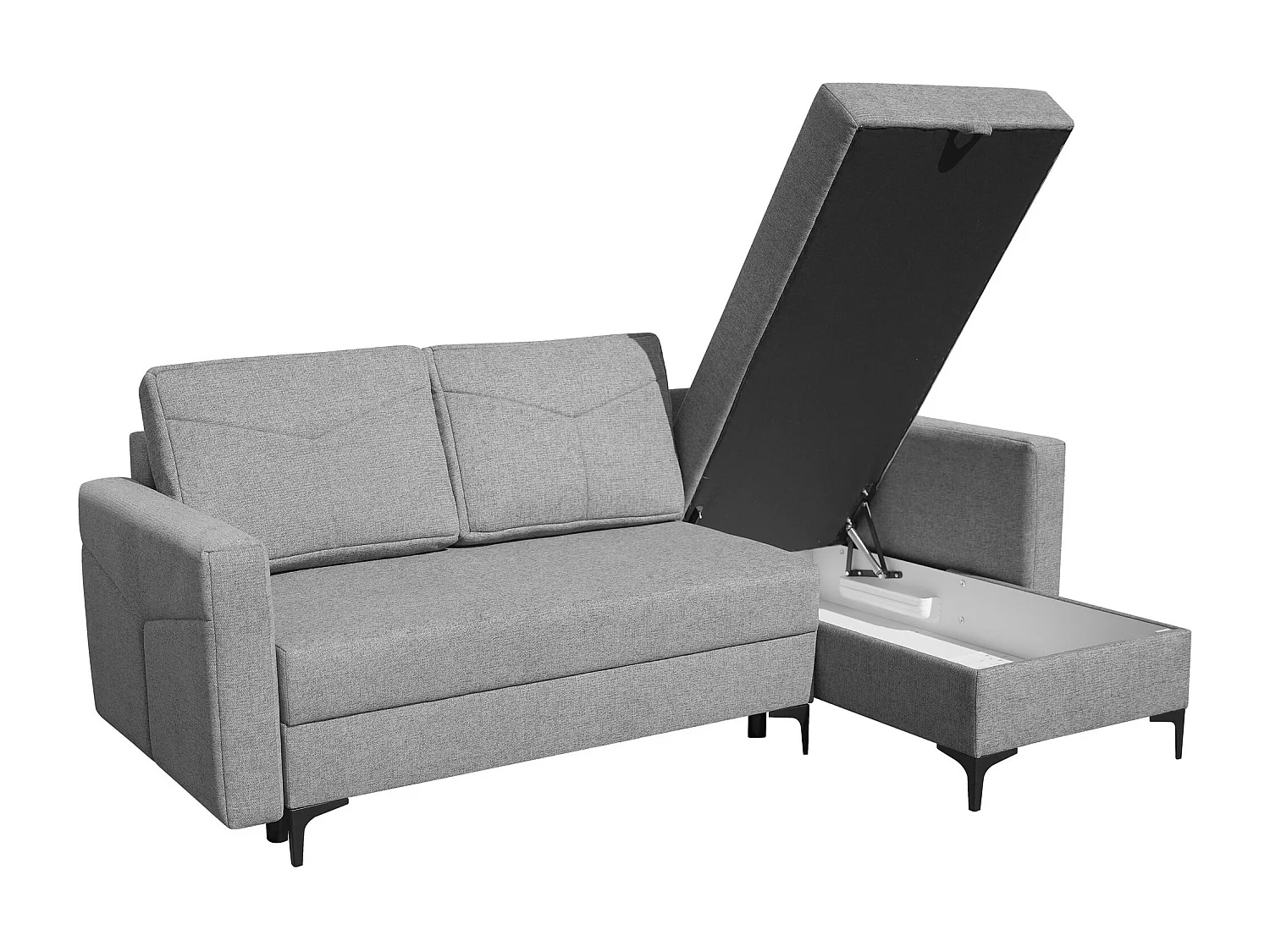 Canapé d'angle Kairo avec fonction couchage et coffre de rangement, couleur : gris, tissu velours, ottomane à gauche ou à droite