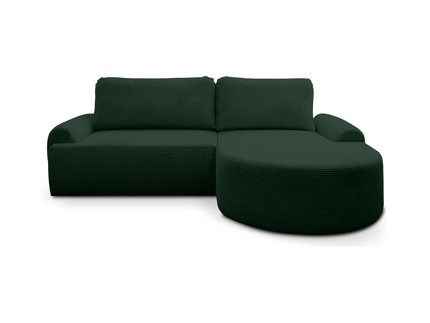 Canapé d'angle Dream Cord avec fonction couchage et coffre de rangement, couleur : vert, tissu cordé, pouf à droite