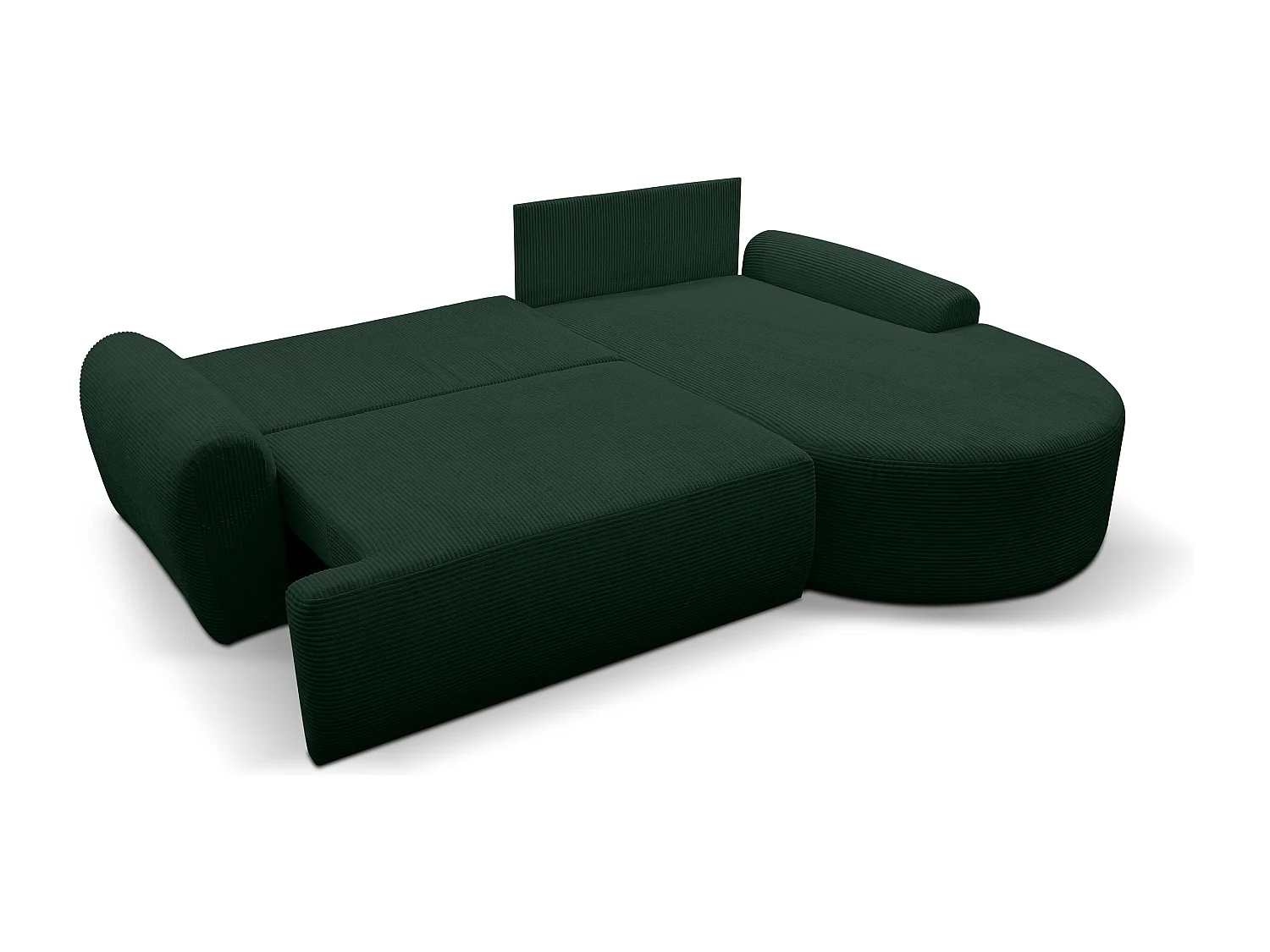 Canapé d'angle Dream Cord avec fonction couchage et coffre de rangement, couleur : vert, tissu cordé, pouf à droite