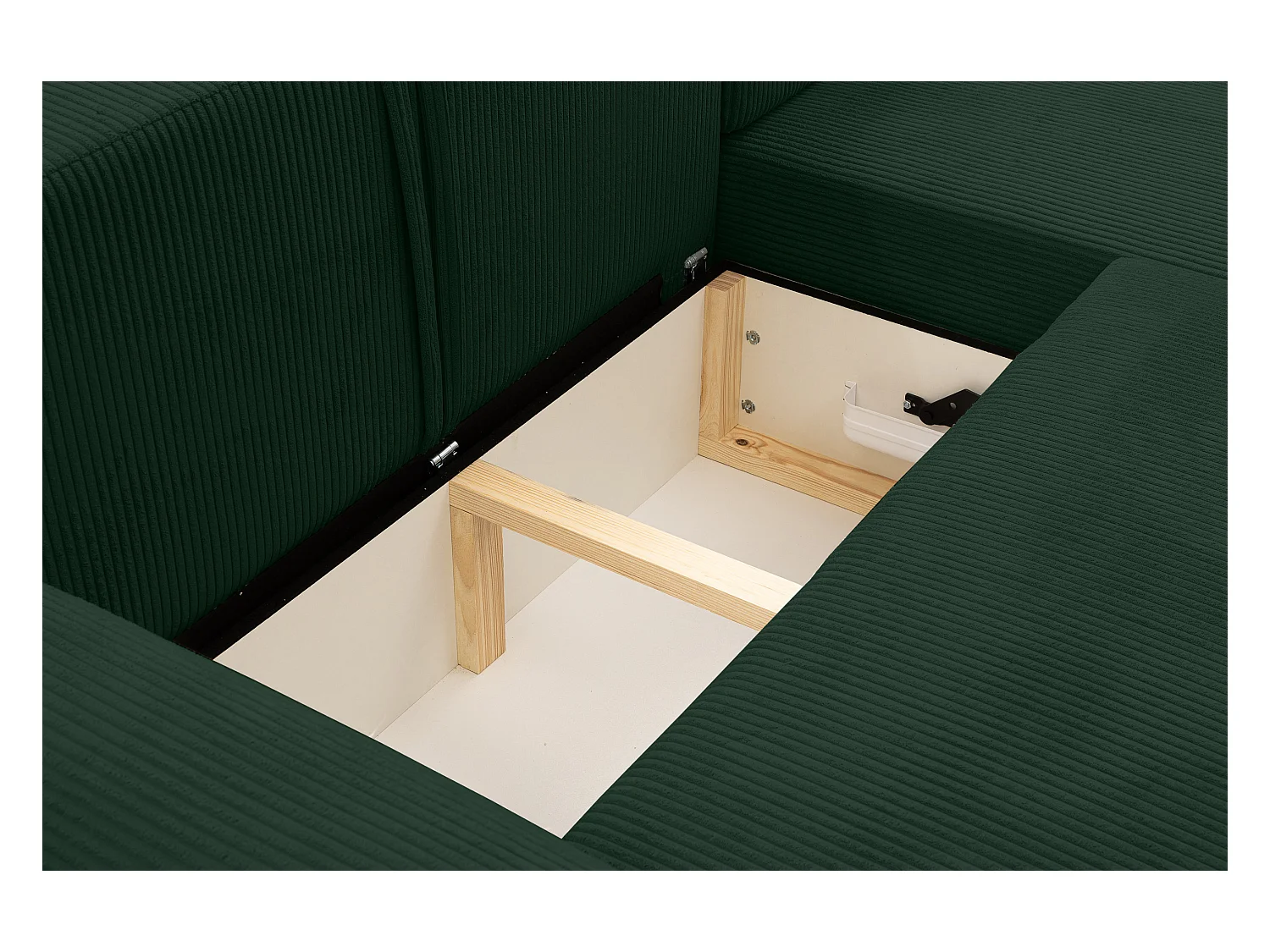 Canapé d'angle Dream Cord avec fonction couchage et coffre de rangement, couleur : vert, tissu cordé, pouf à droite