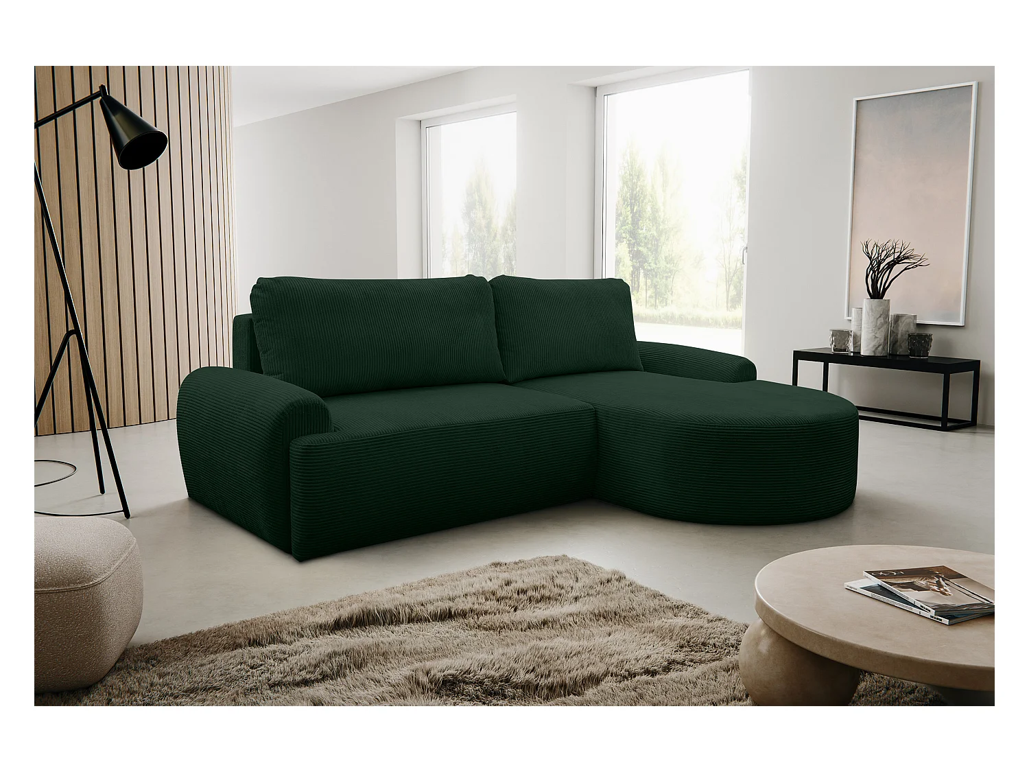 Hoekbank Dream Cord, hoekbank in L-vorm met slaapfunctie en bedbak, kleur: groen, corduroy, ottomane rechts