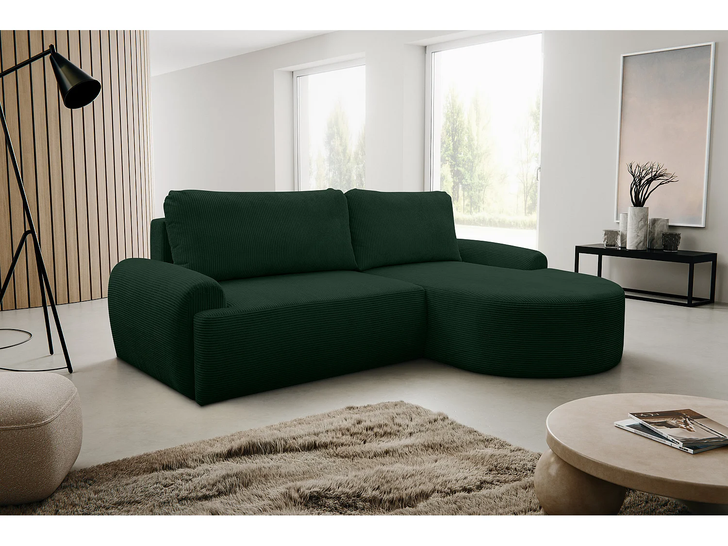 Canapé d'angle Dream Cord avec fonction couchage et coffre de rangement, couleur : vert, tissu cordé, pouf à droite